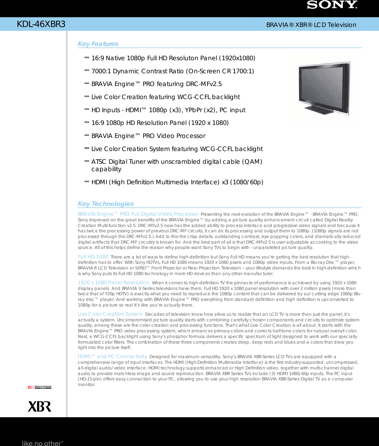 Page 1 of 2 - Sony KDL-46XBR3 User Manual Marketing Specifications KDL46XBR3 Mksp