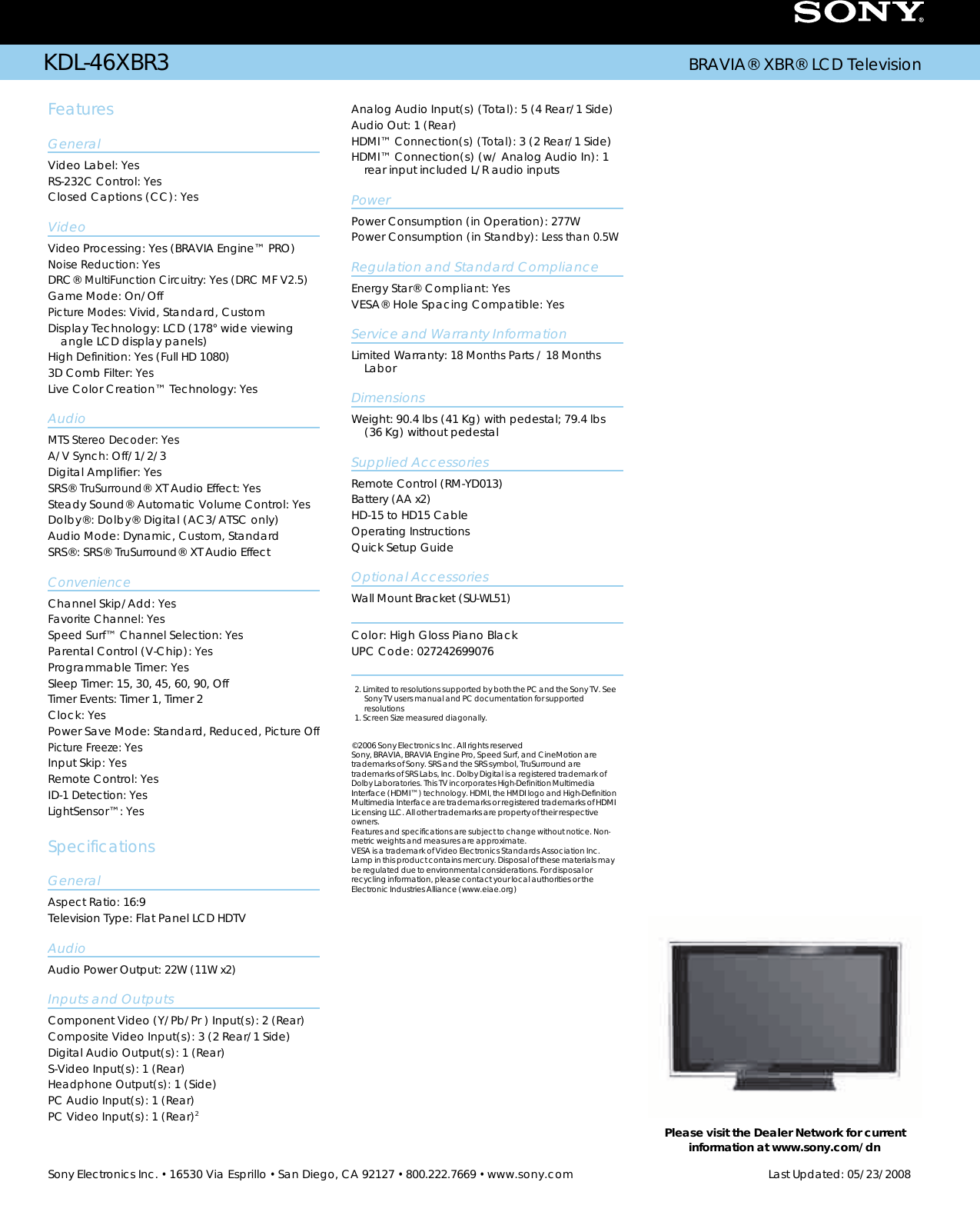 Page 2 of 2 - Sony KDL-46XBR3 User Manual Marketing Specifications KDL46XBR3 Mksp