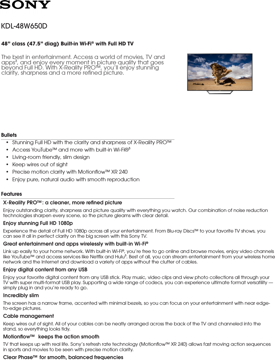 Page 1 of 4 - Sony KDL-48W650D User Manual Marketing Specifications KDL48W650D Mksp