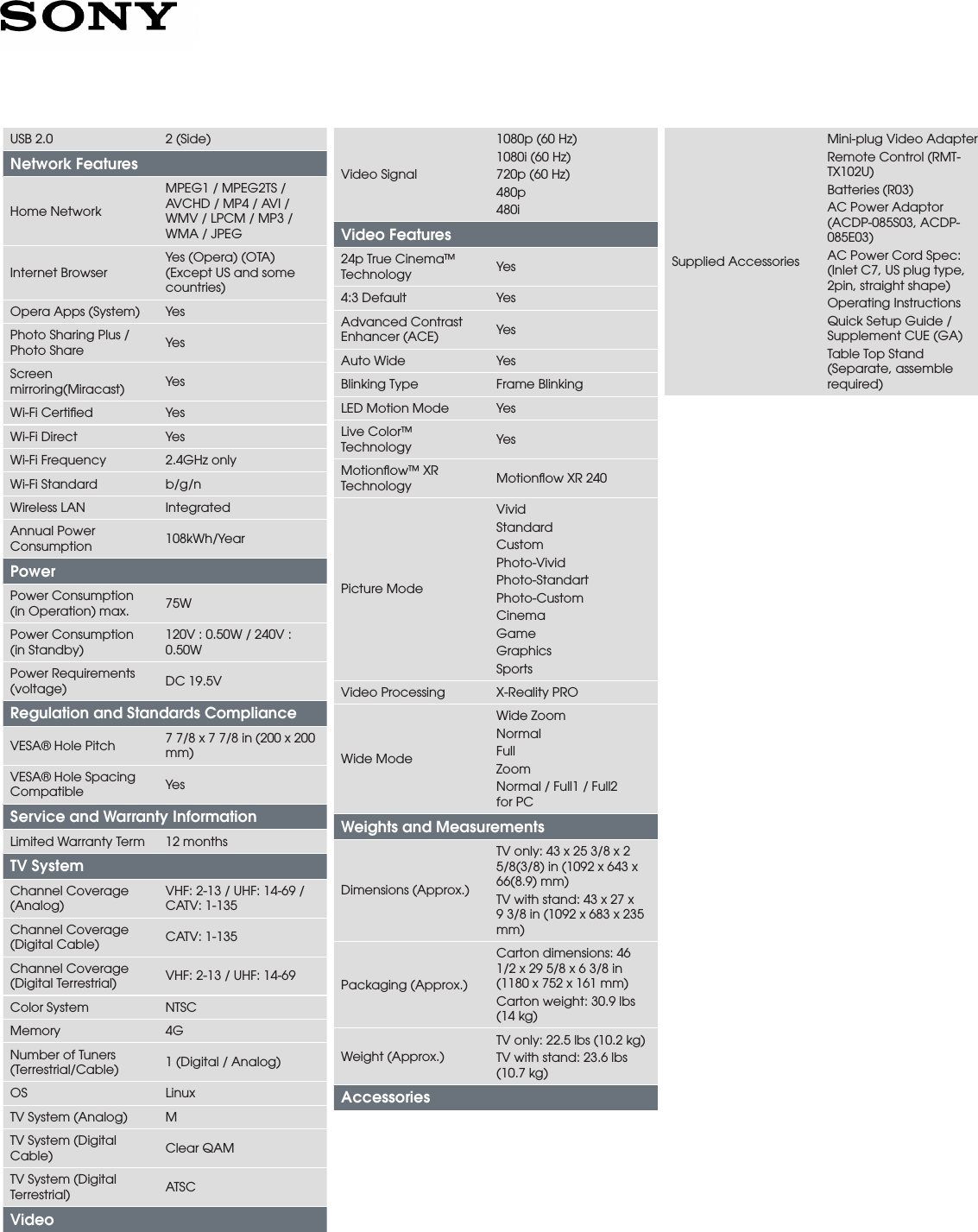 Page 3 of 4 - Sony KDL-48W650D User Manual Marketing Specifications KDL48W650D Mksp