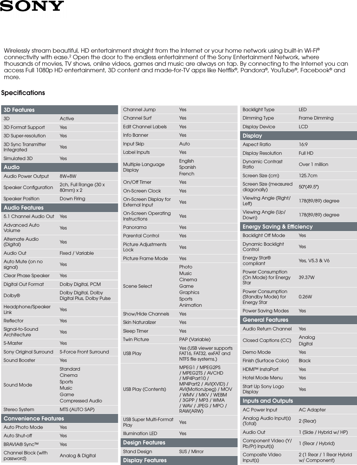 Page 2 of 4 - Sony KDL-50W800B User Manual Marketing Specifications KDL50W800B Mksp