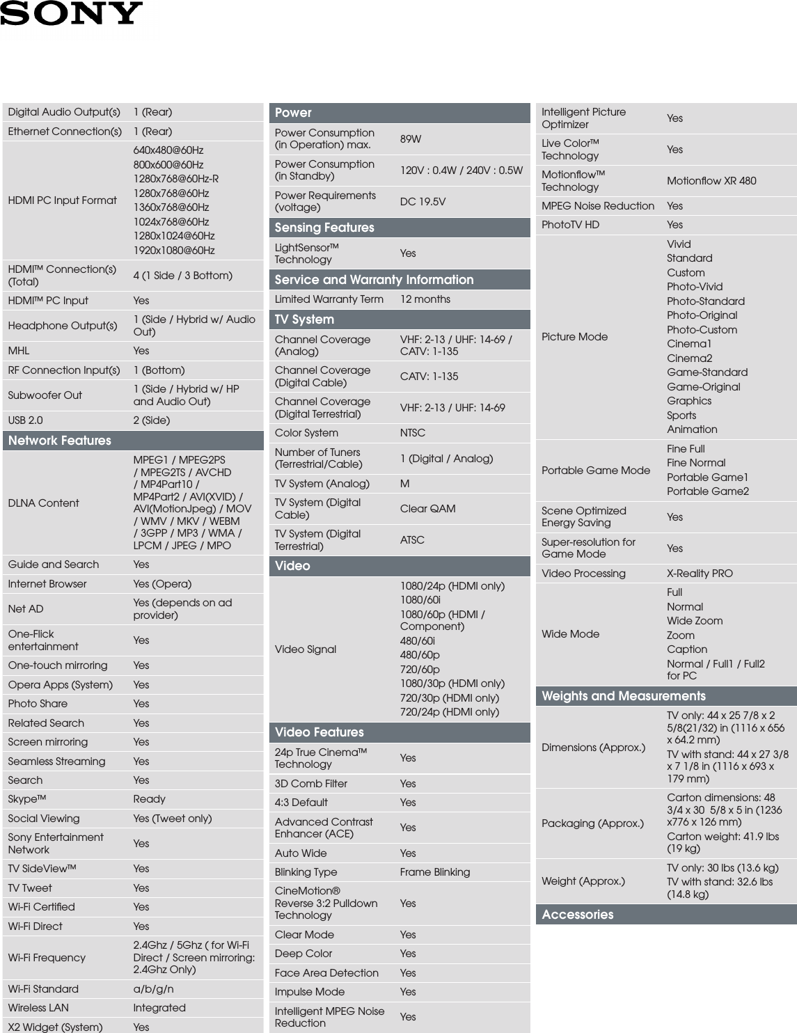 Page 3 of 4 - Sony KDL-50W800B User Manual Marketing Specifications KDL50W800B Mksp