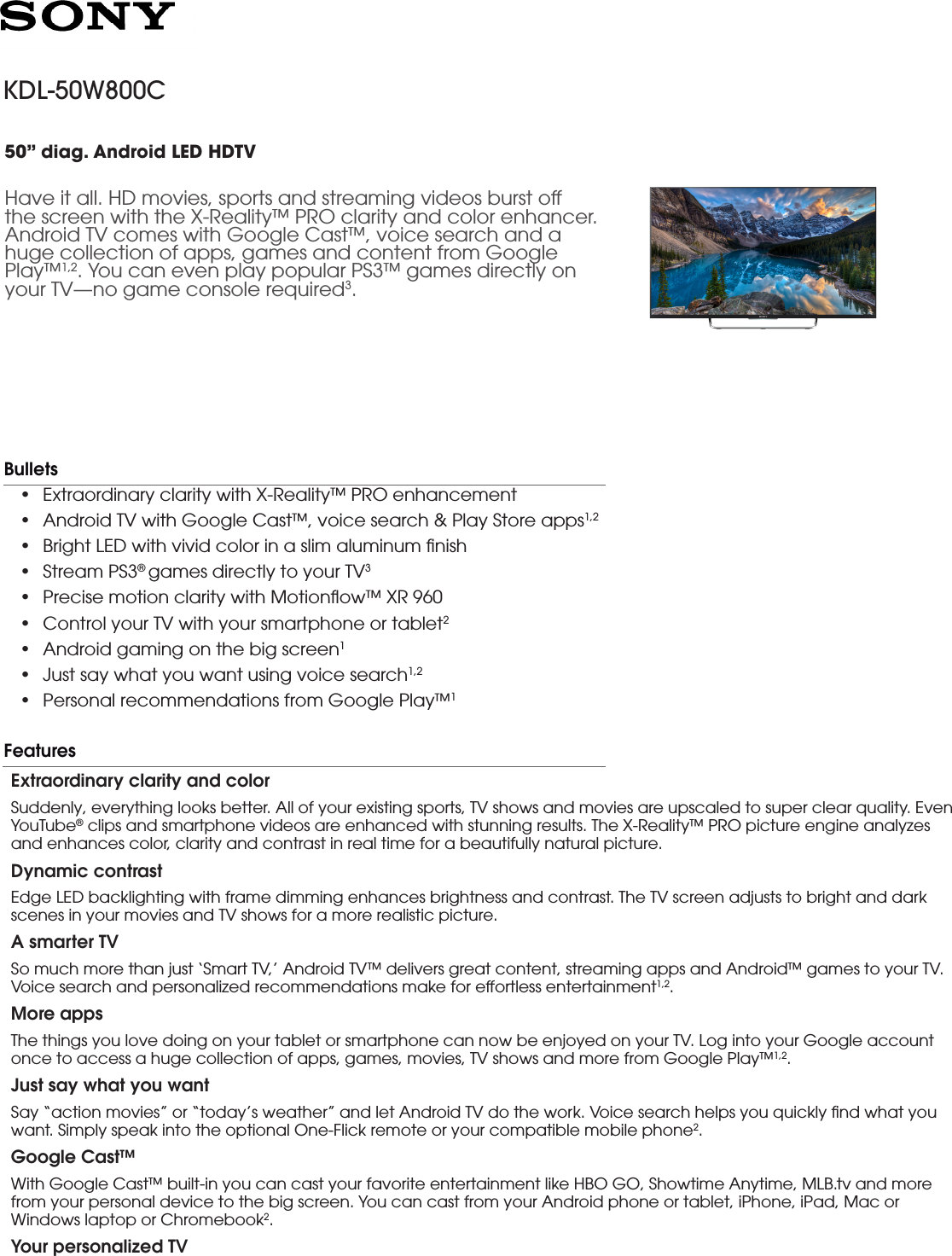 Page 1 of 4 - Sony KDL-50W800C User Manual Marketing Specifications (television Only) KDL50W800C Mksp