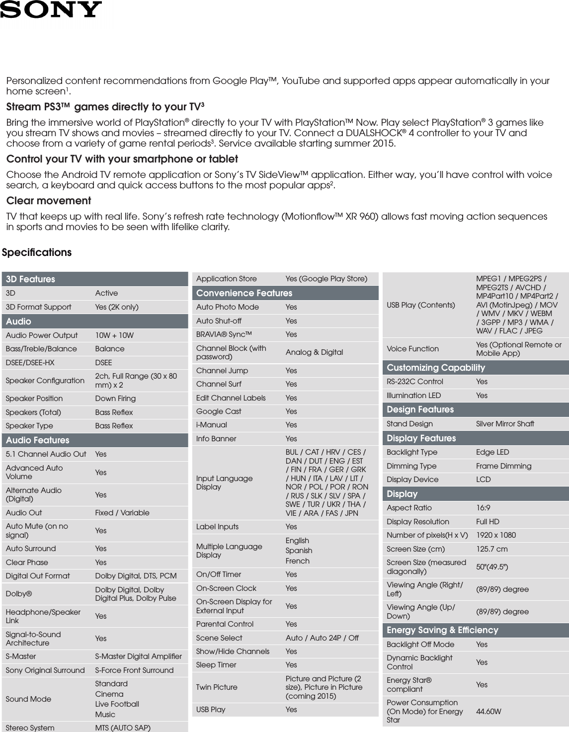 Page 2 of 4 - Sony KDL-50W800C User Manual Marketing Specifications (television Only) KDL50W800C Mksp