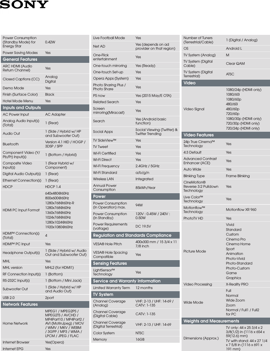 Page 3 of 4 - Sony KDL-50W800C User Manual Marketing Specifications (television Only) KDL50W800C Mksp