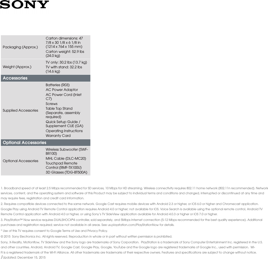 Page 4 of 4 - Sony KDL-50W800C User Manual Marketing Specifications (television Only) KDL50W800C Mksp