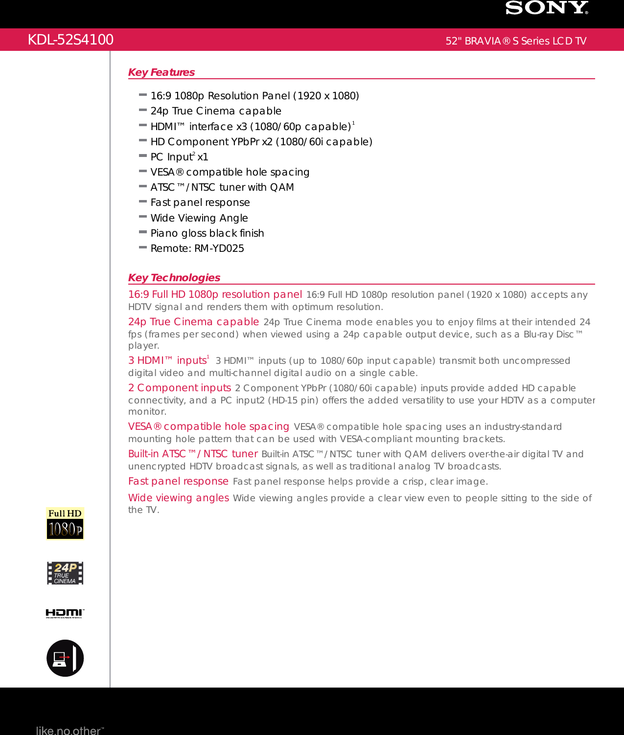 Page 1 of 2 - Sony KDL-52S4100 User Manual Marketing Specifications KDL52S4100 Mksp