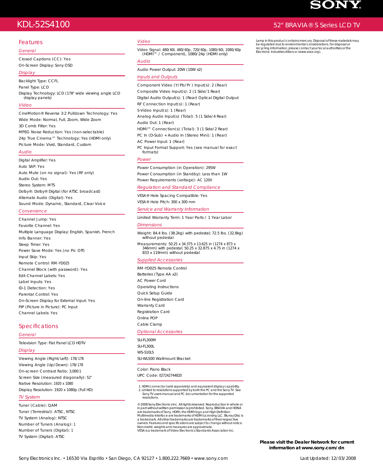 Page 2 of 2 - Sony KDL-52S4100 User Manual Marketing Specifications KDL52S4100 Mksp