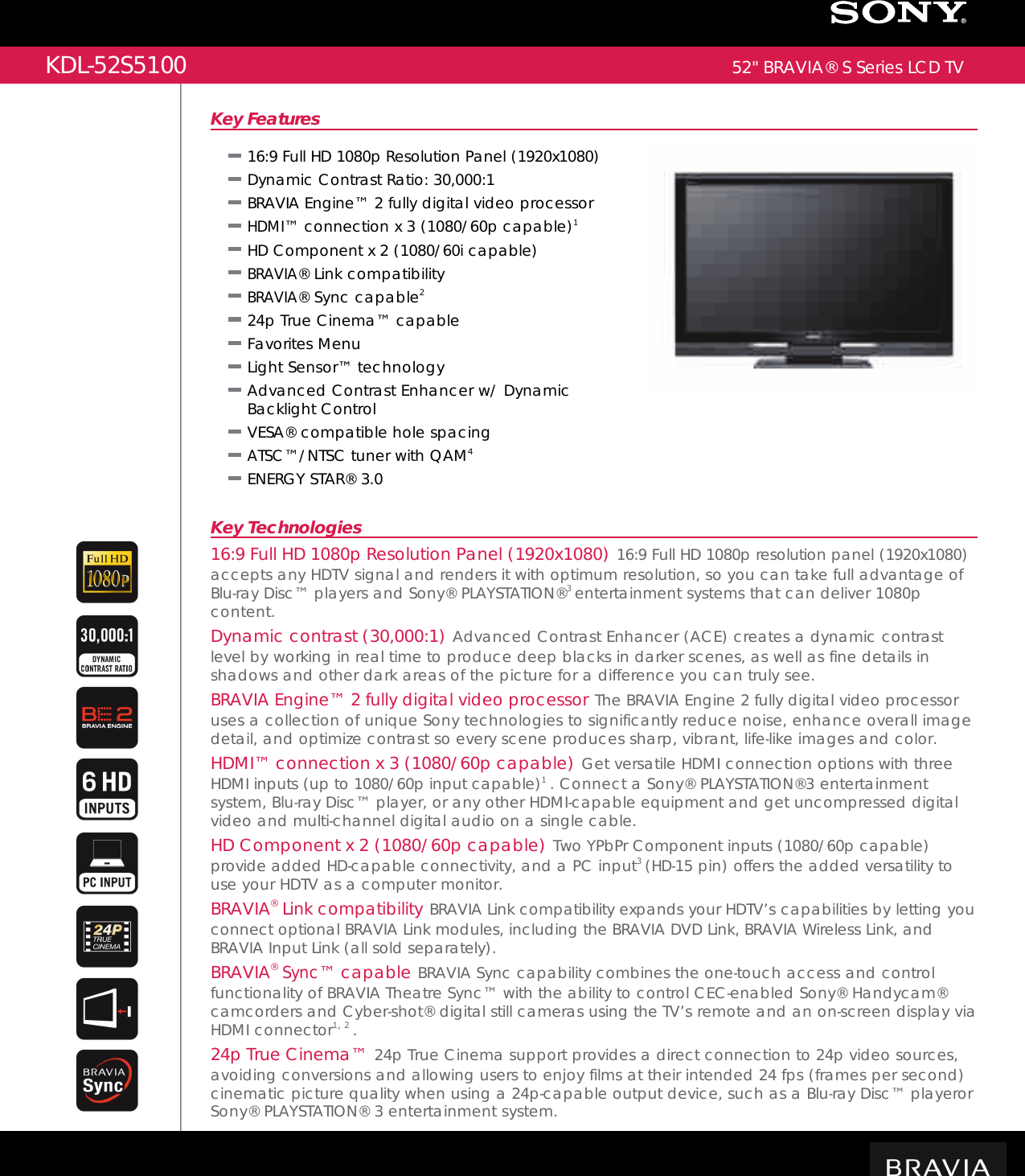 Page 1 of 2 - Sony KDL-52S5100 User Manual Marketing Specifications KDL52S5100 Mksp
