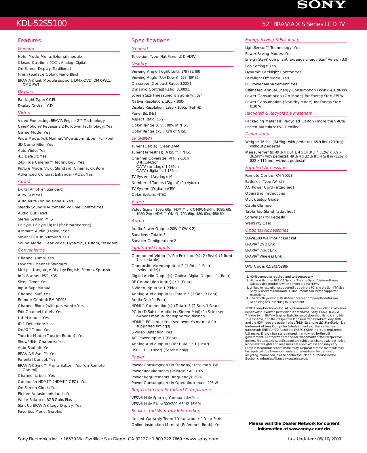 Page 2 of 2 - Sony KDL-52S5100 User Manual Marketing Specifications KDL52S5100 Mksp