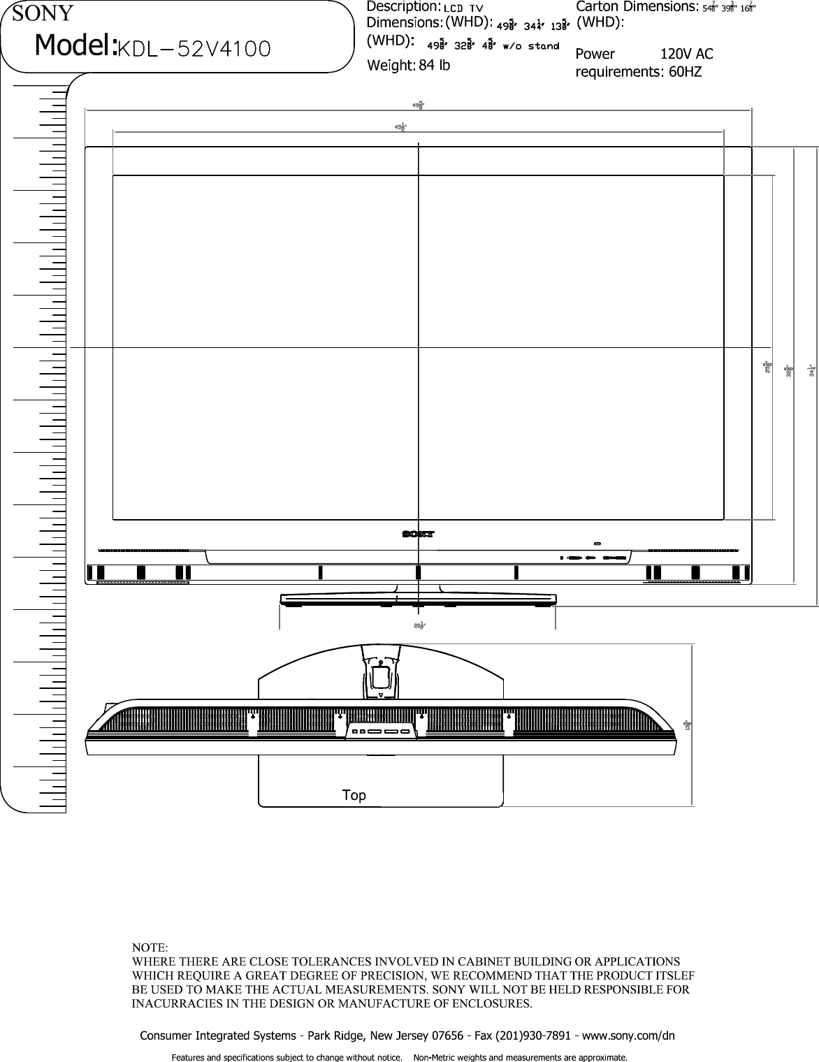 Page 1 of 3 - Sony KDL-52V4100 User Manual Dimensions Diagram KDL52V4100 Cutsheet