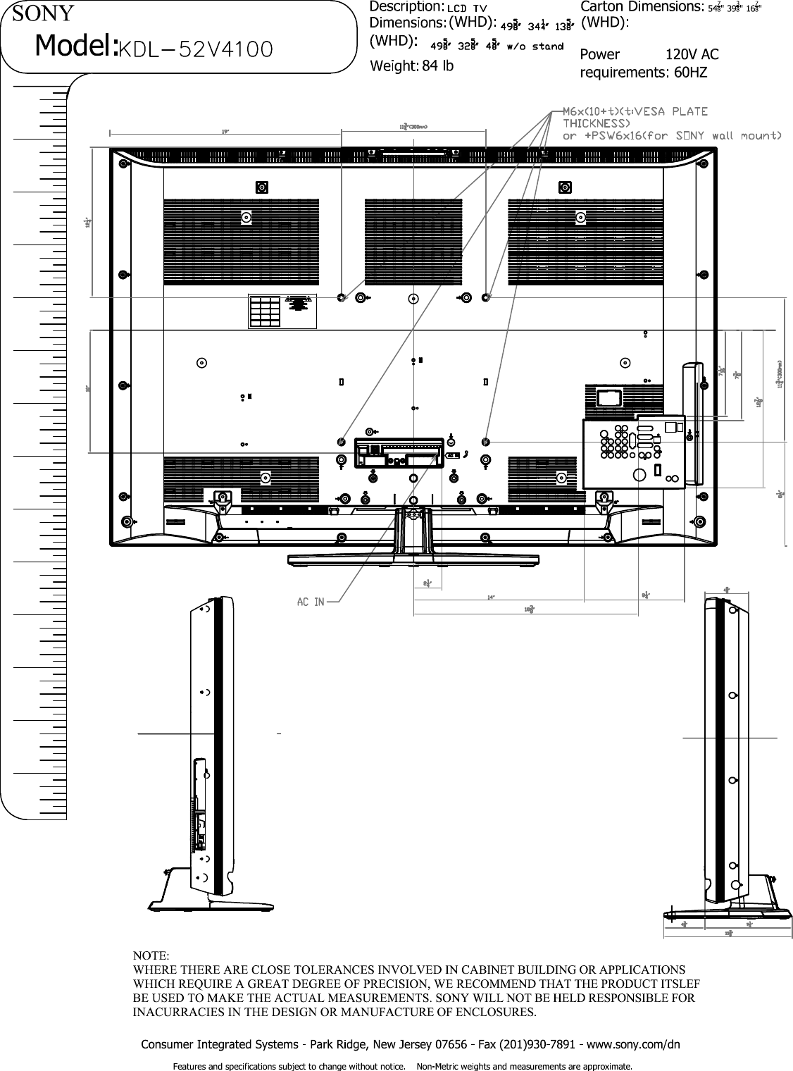 Page 2 of 3 - Sony KDL-52V4100 User Manual Dimensions Diagram KDL52V4100 Cutsheet
