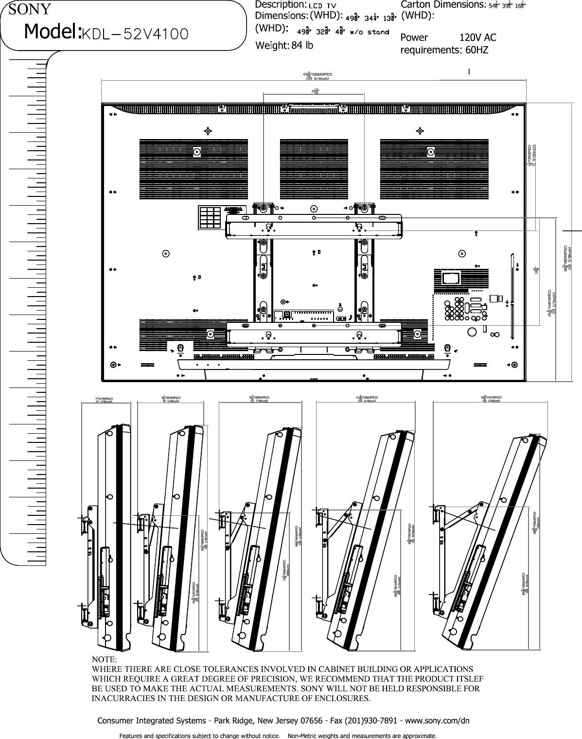 Page 3 of 3 - Sony KDL-52V4100 User Manual Dimensions Diagram KDL52V4100 Cutsheet
