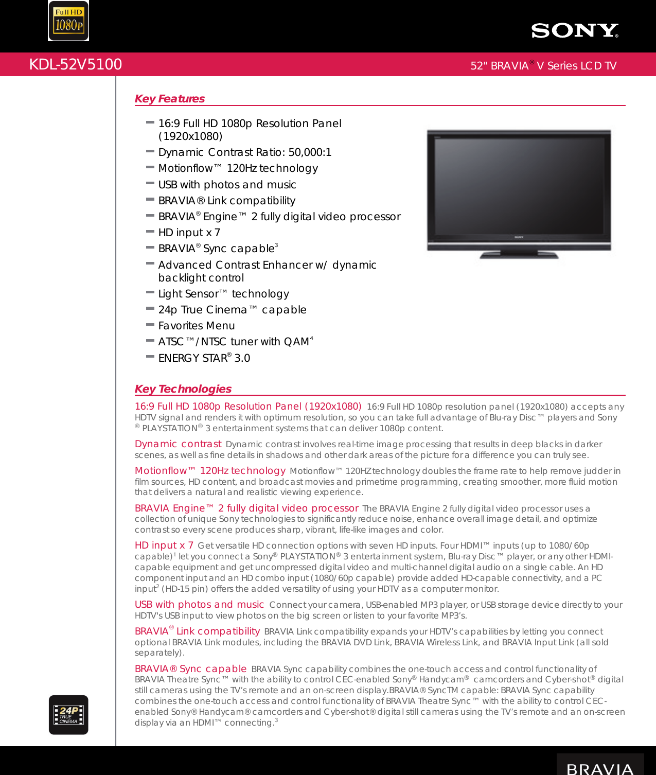 Page 1 of 2 - Sony KDL-52V5100 User Manual Marketing Specifications KDL52V5100 Mksp