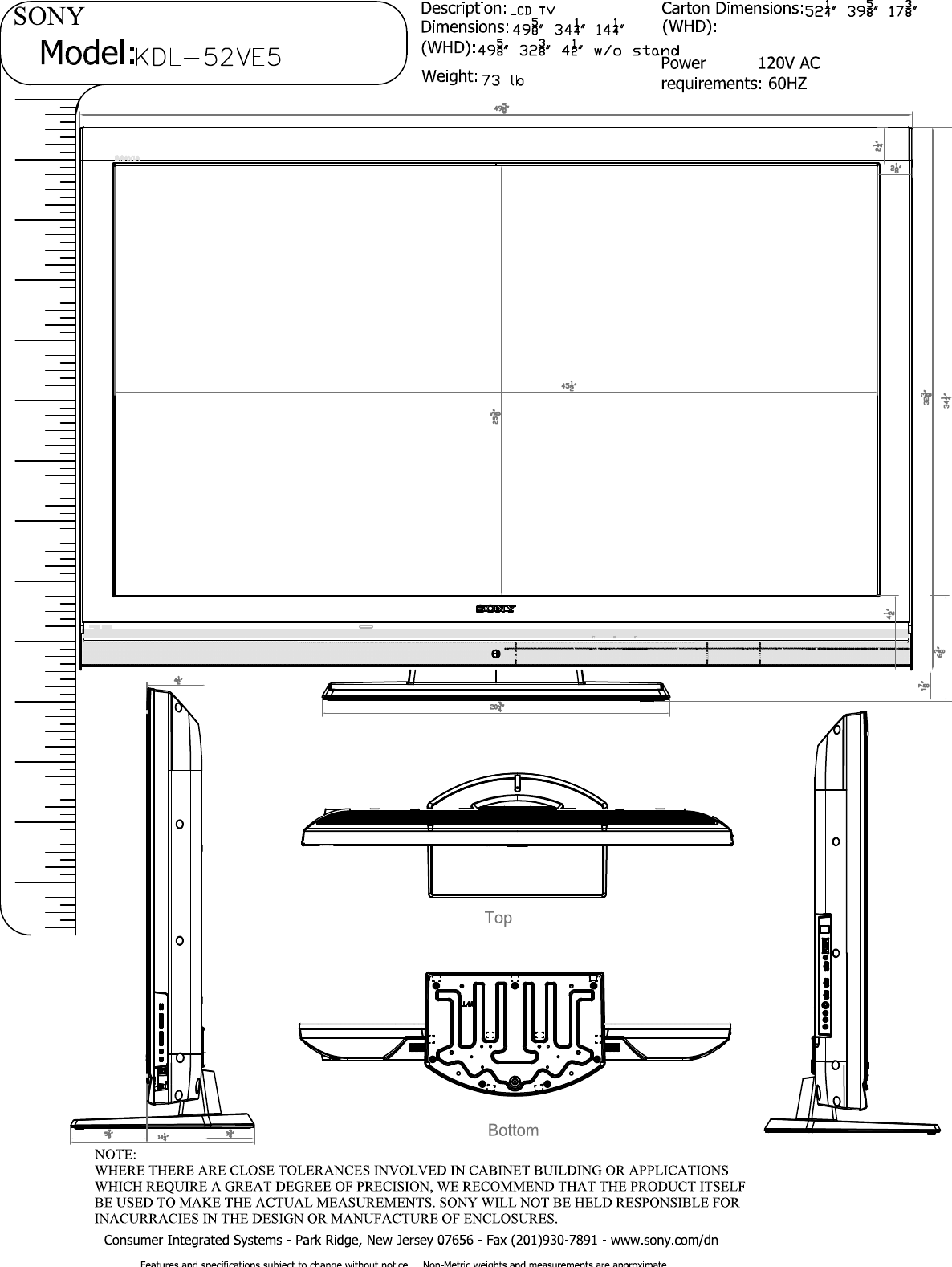 Page 1 of 2 - Sony KDL-52VE5 52VE Layout1  User Manual Dimensions Diagram KDL52VE5 Cutsheet