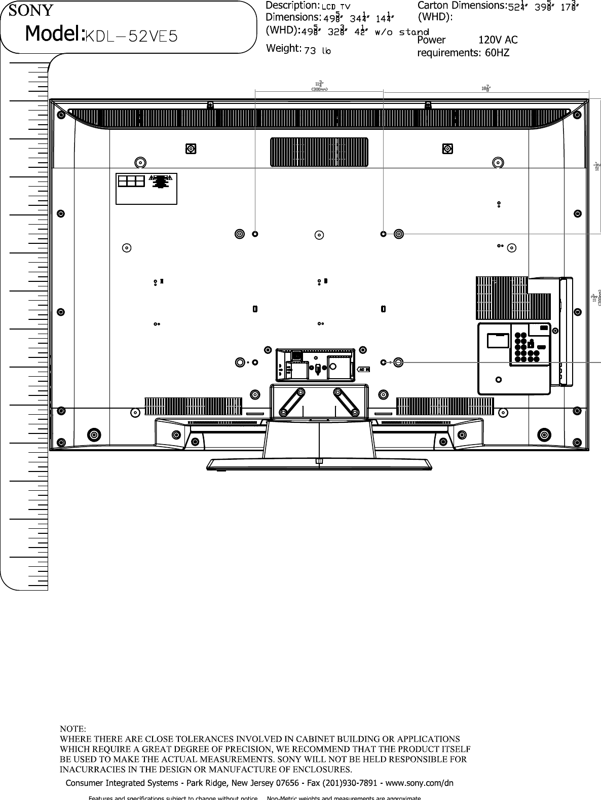 Page 2 of 2 - Sony KDL-52VE5 52VE Layout1  User Manual Dimensions Diagram KDL52VE5 Cutsheet