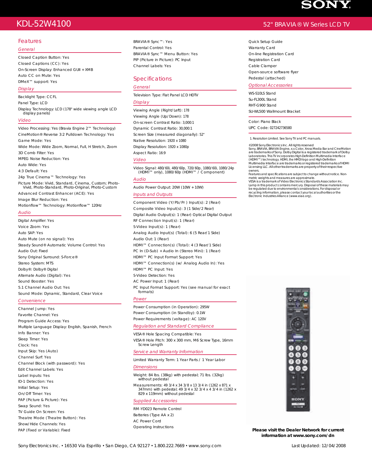 Page 2 of 2 - Sony KDL-52W4100 User Manual Marketing Specifications KDL52W4100 Mksp