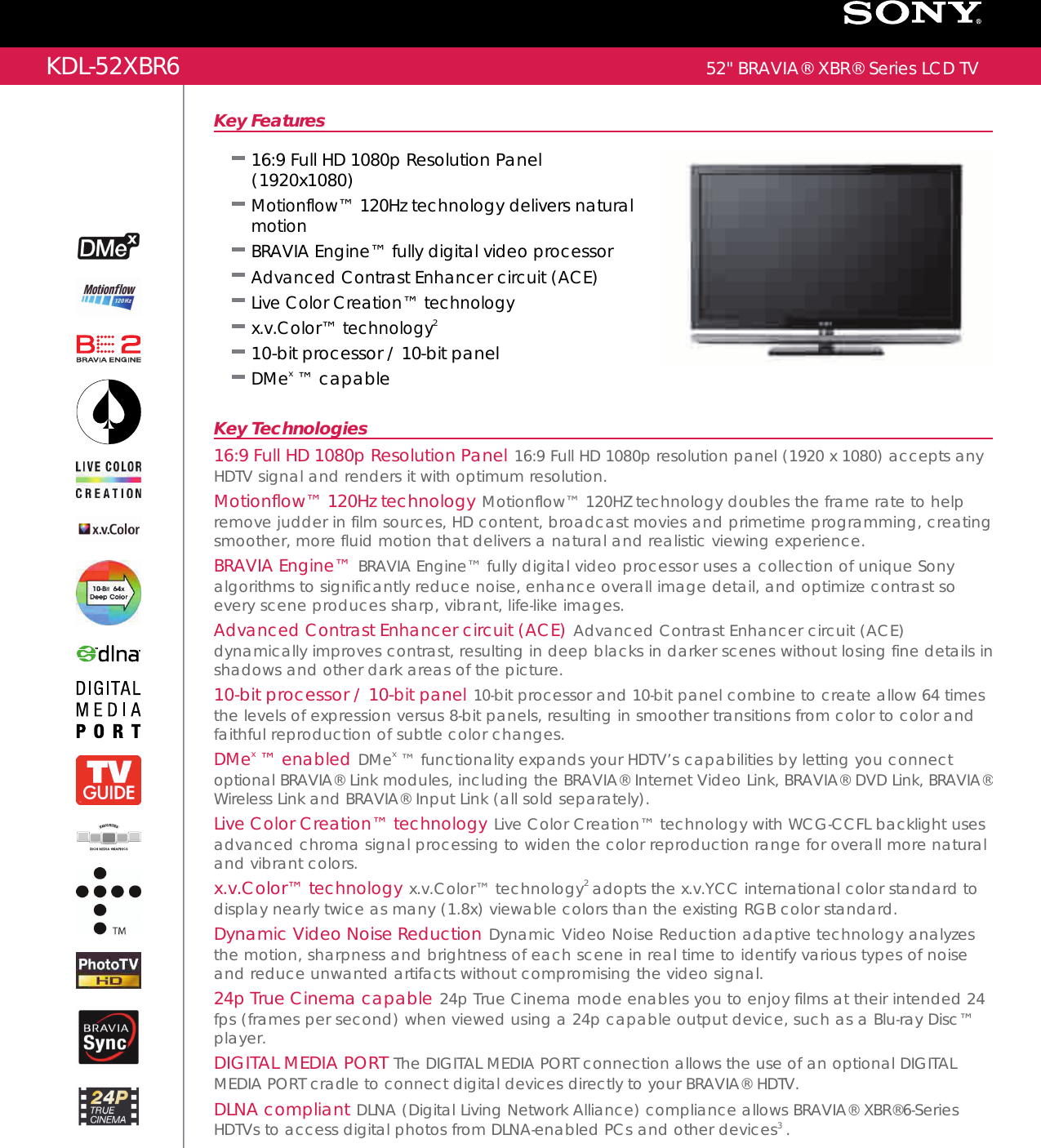 Page 1 of 2 - Sony KDL-52XBR6 User Manual Marketing Specifications KDL52XBR6 Mksp