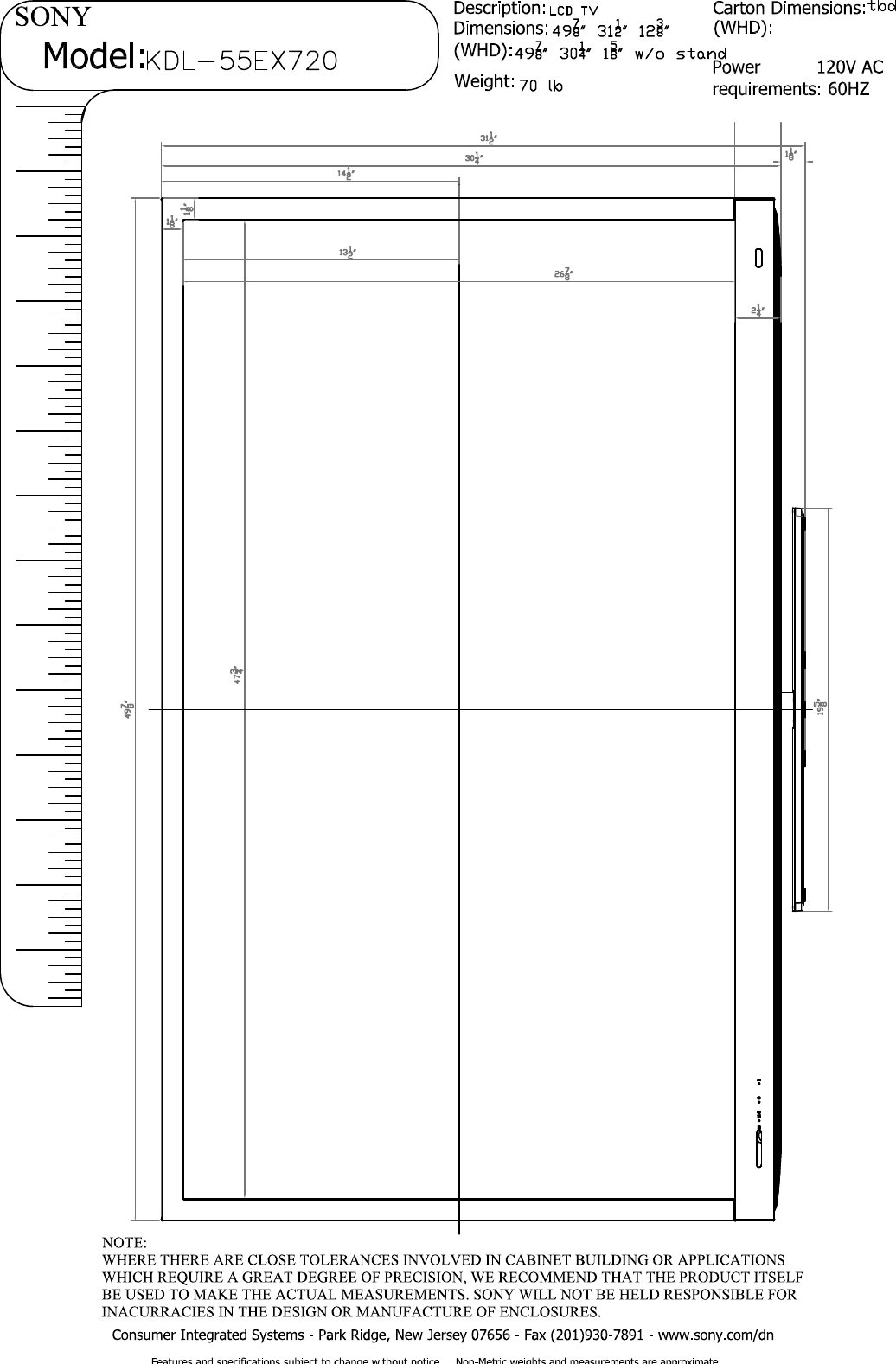 Page 1 of 5 - Sony KDL-55EX720 KDL55EX720 Layout1  User Manual Dimensions Diagram Cutsheet