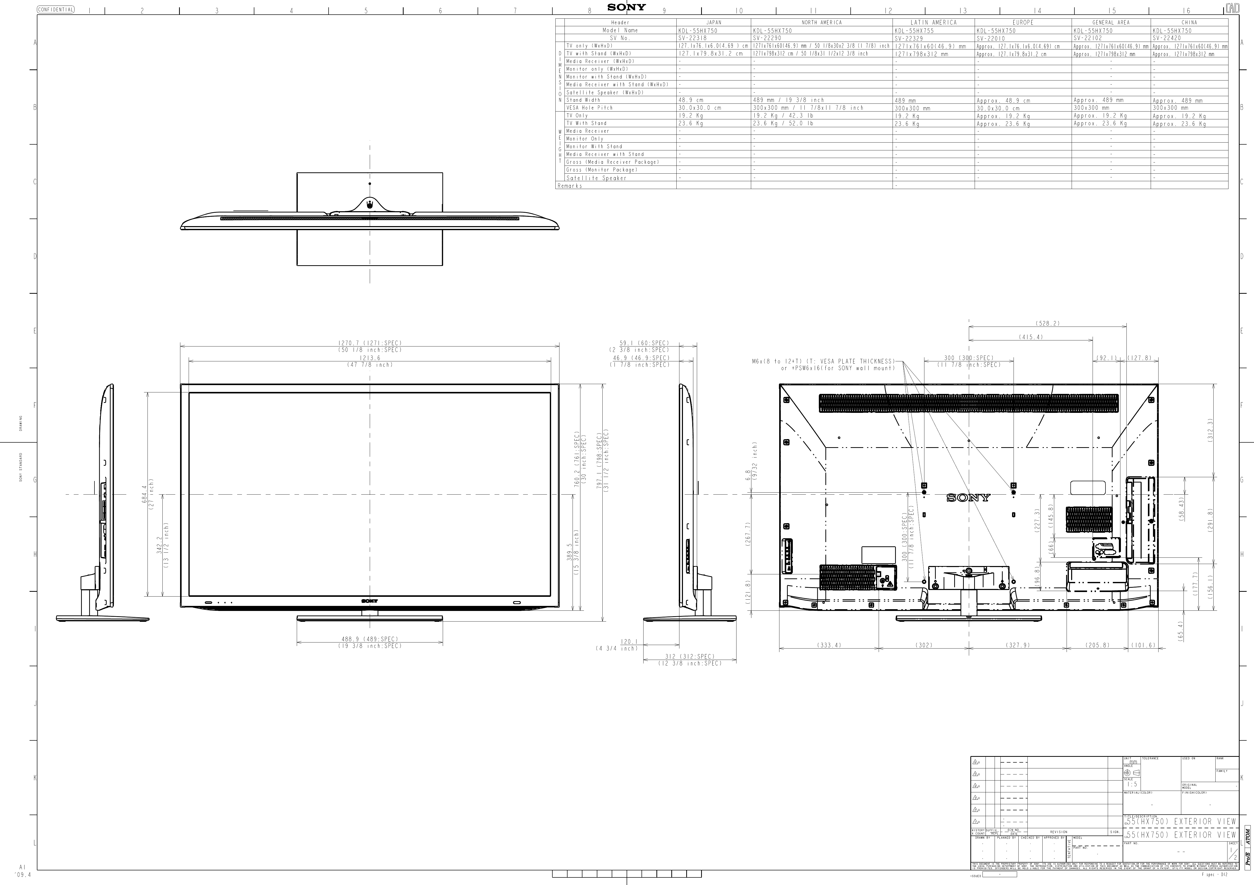 Page 1 of 2 - Sony KDL-55HX751 User Manual Dimensions Diagram KDL-55HX750 HX751 HX755 Cutsheet