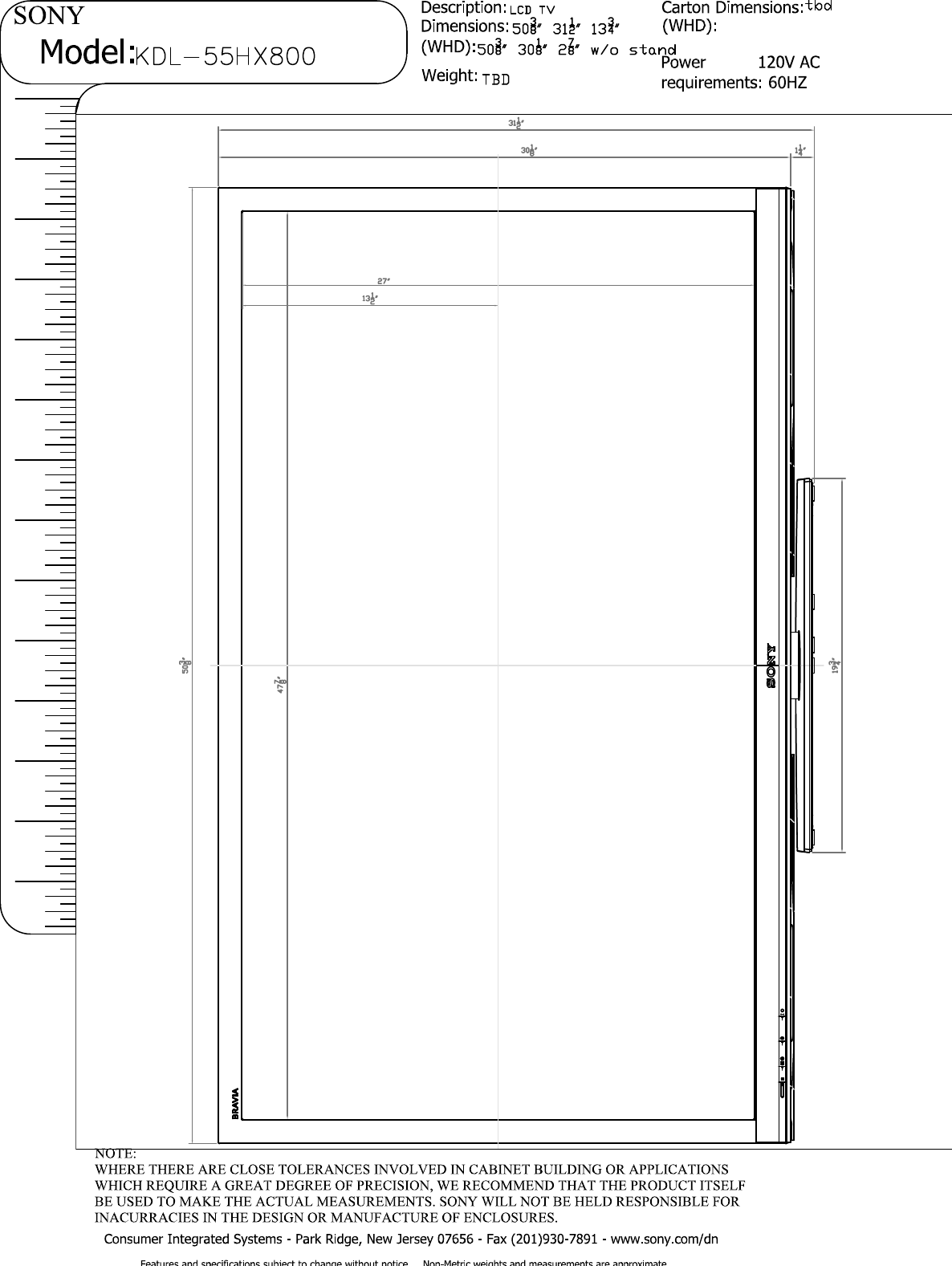Page 1 of 5 - Sony KDL-55HX800 Layout1 User Manual Dimensions Diagram KDL55HX800 Cutsheet