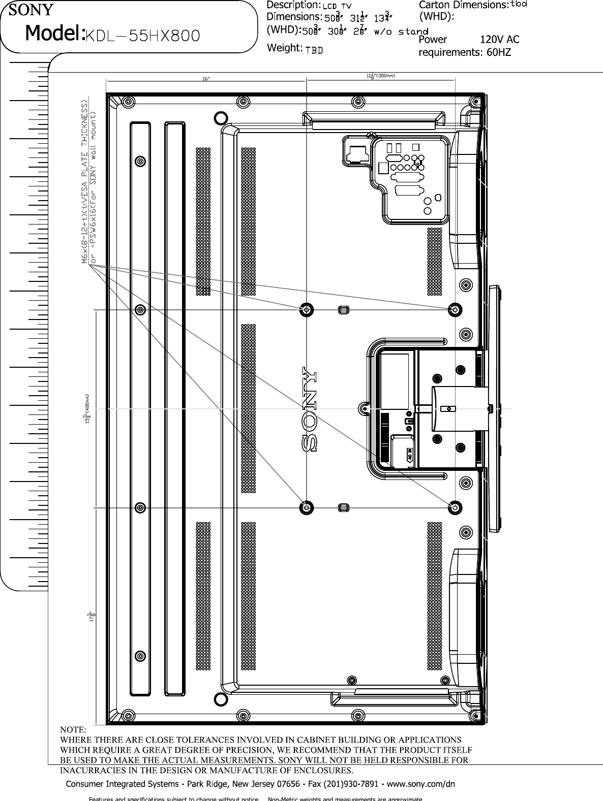 Page 2 of 5 - Sony KDL-55HX800 Layout1 User Manual Dimensions Diagram KDL55HX800 Cutsheet