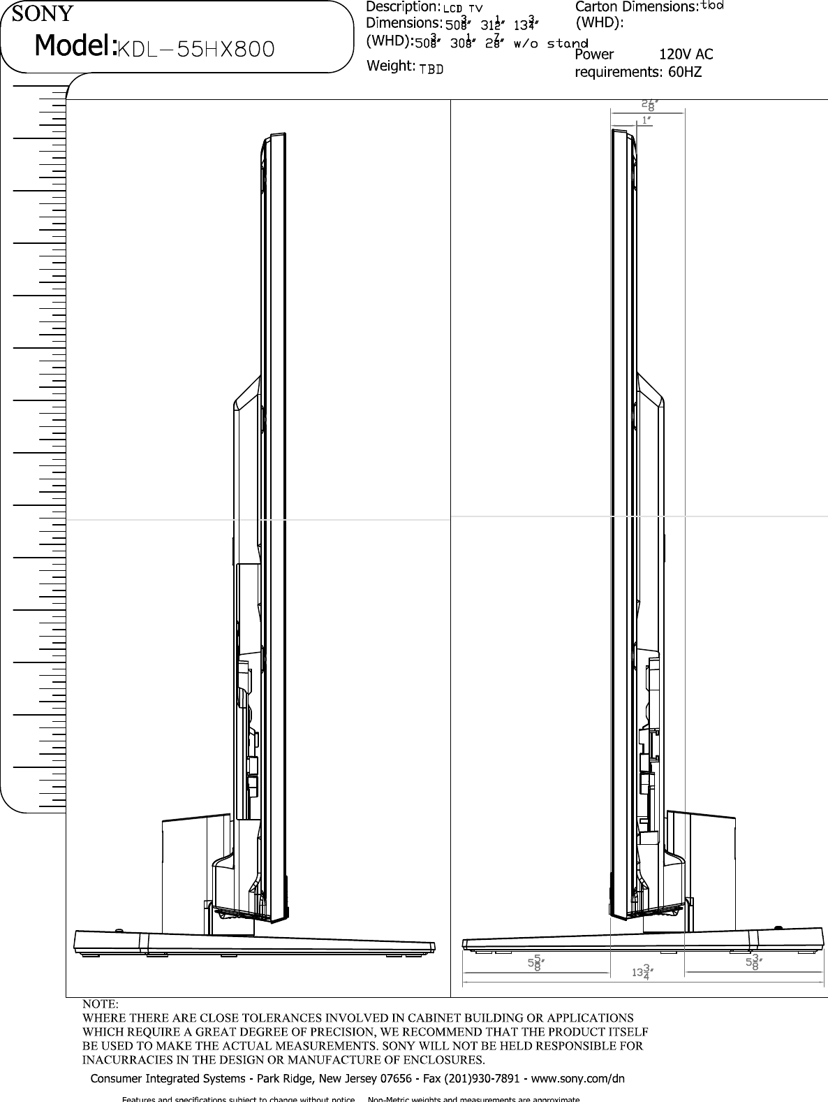 Page 3 of 5 - Sony KDL-55HX800 Layout1 User Manual Dimensions Diagram KDL55HX800 Cutsheet