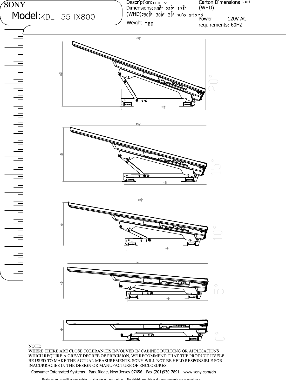 Page 4 of 5 - Sony KDL-55HX800 Layout1 User Manual Dimensions Diagram KDL55HX800 Cutsheet