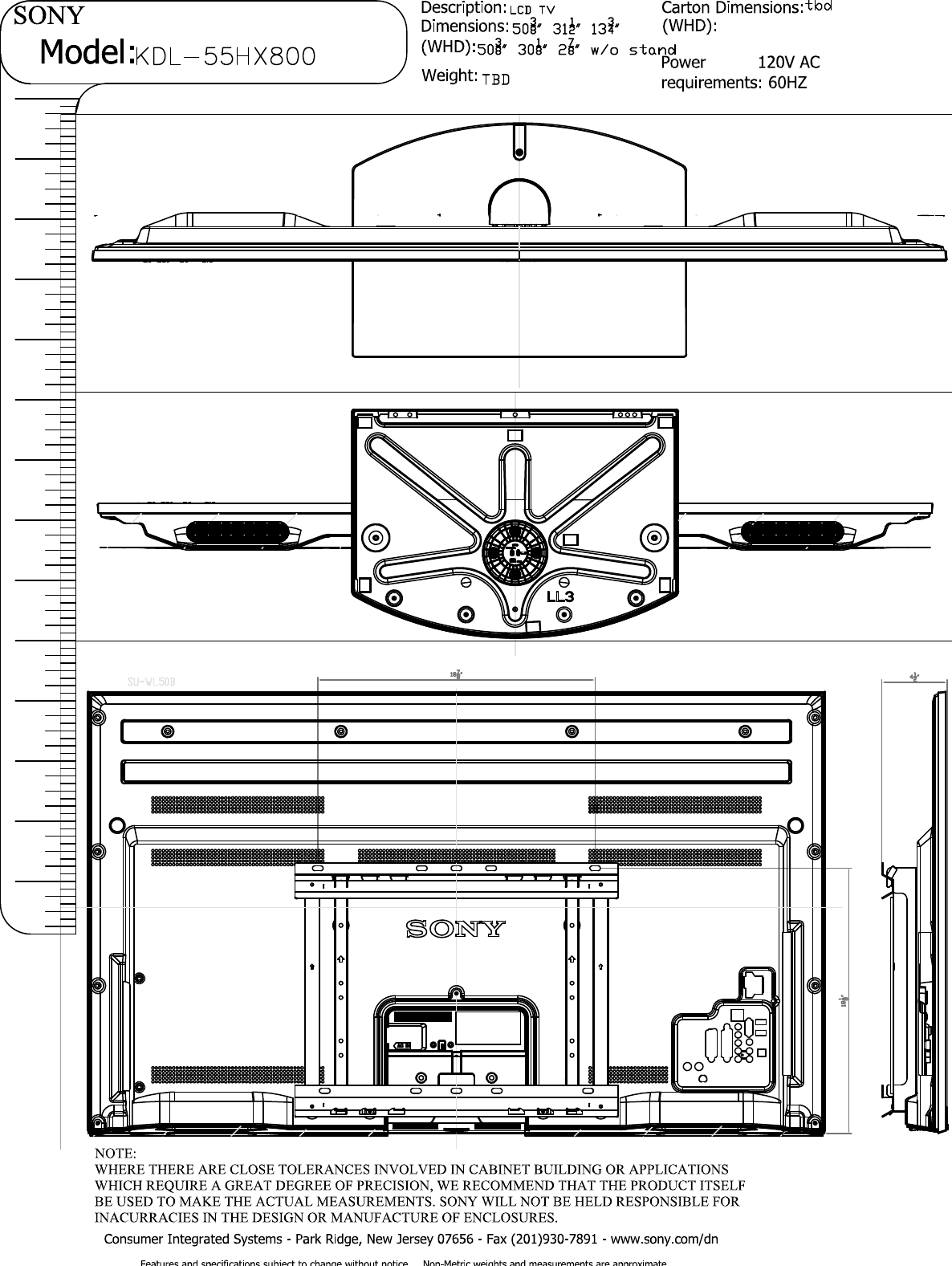 Page 5 of 5 - Sony KDL-55HX800 Layout1 User Manual Dimensions Diagram KDL55HX800 Cutsheet