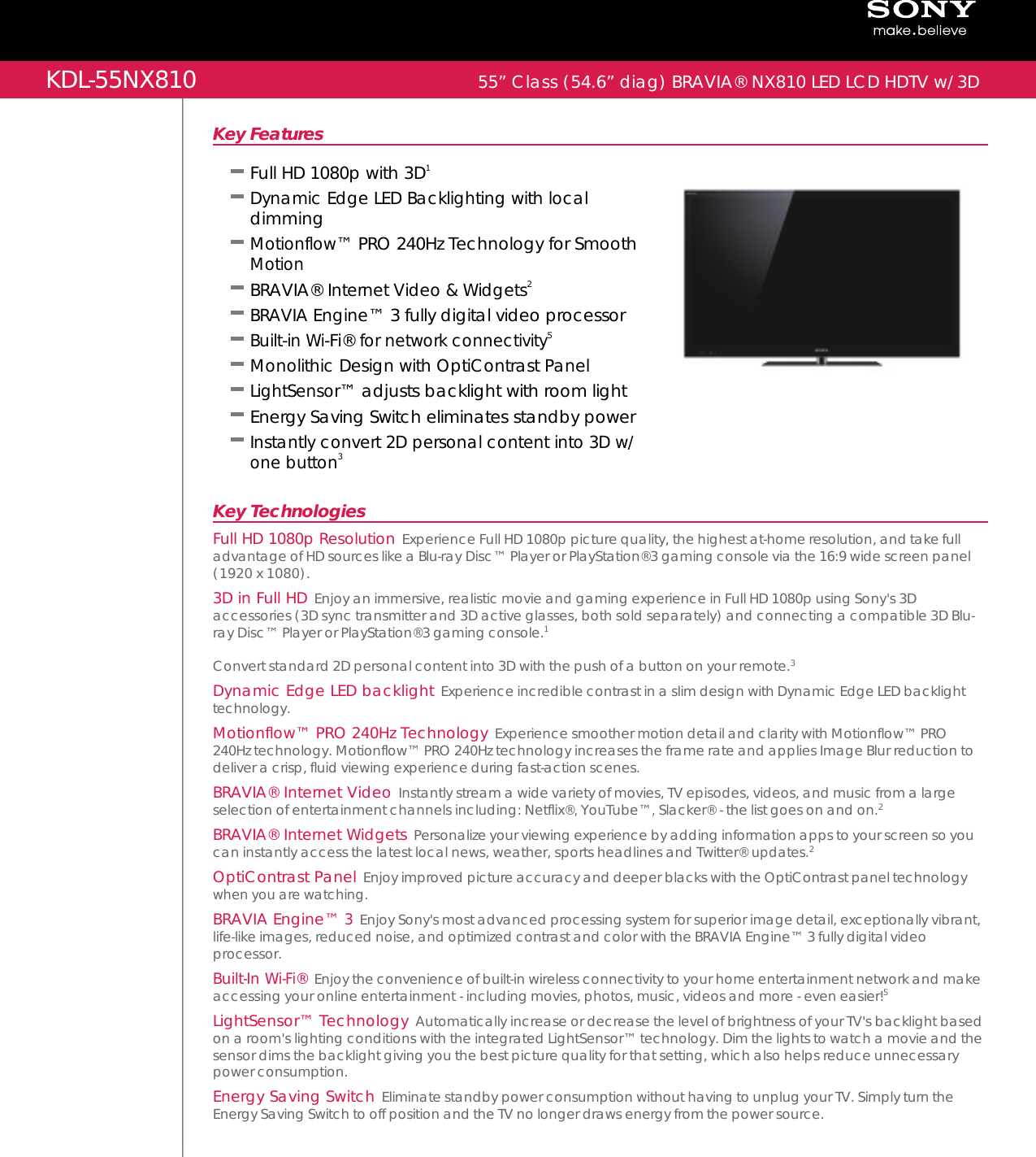 Page 1 of 2 - Sony KDL-55NX810 User Manual Marketing Specifcations KDL55NX810 Mksp