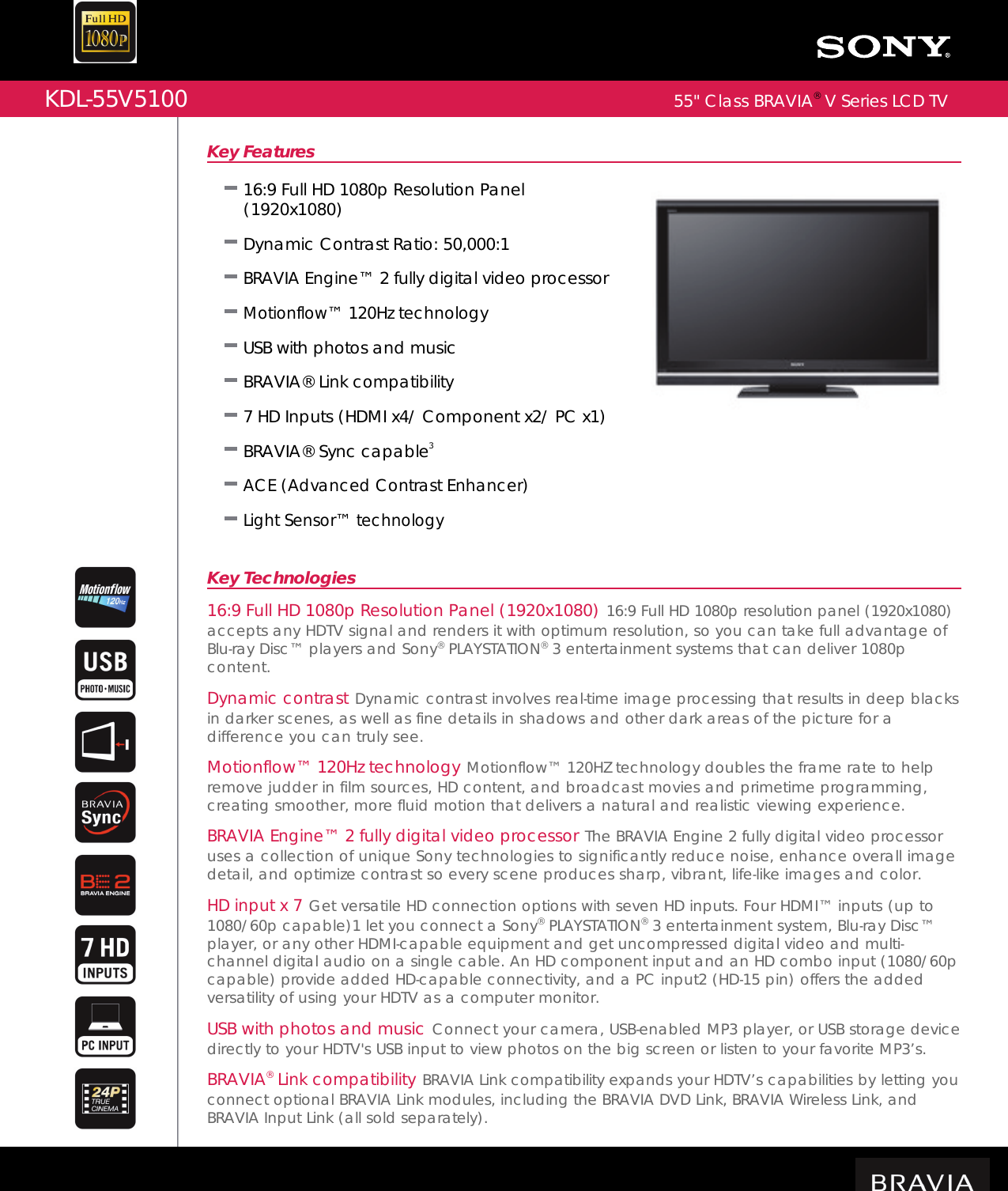 Page 1 of 2 - Sony KDL-55V5100 User Manual Marketing Specification KDL55V5100 Mksp