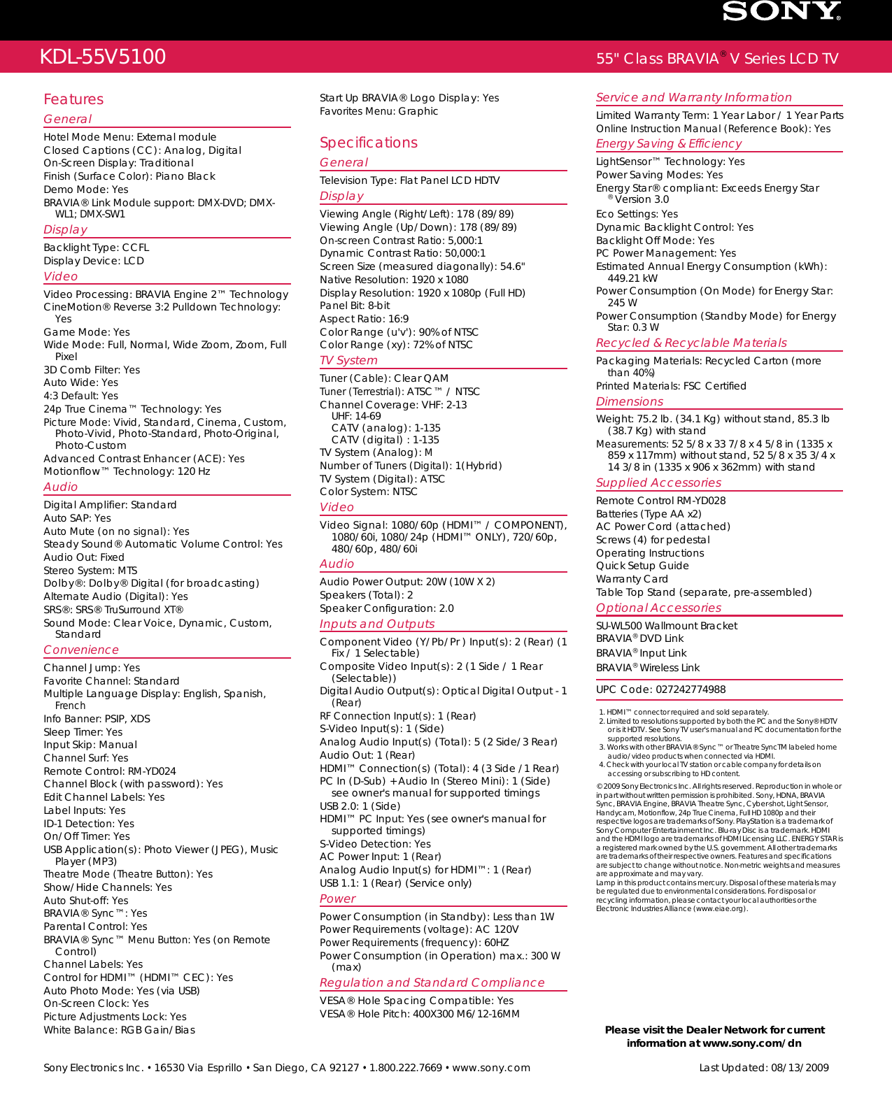 Page 2 of 2 - Sony KDL-55V5100 User Manual Marketing Specification KDL55V5100 Mksp