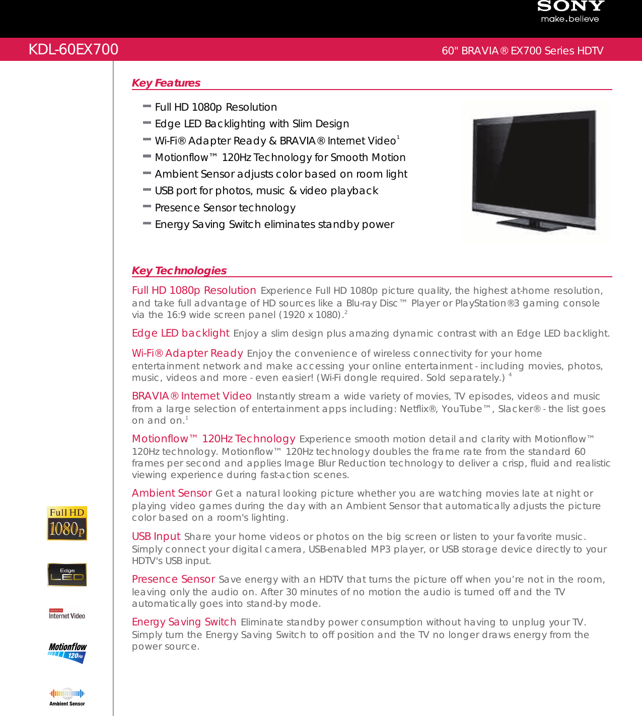Page 1 of 2 - Sony KDL-60EX700 User Manual Marketing Specifications KDL60EX700 Mksp