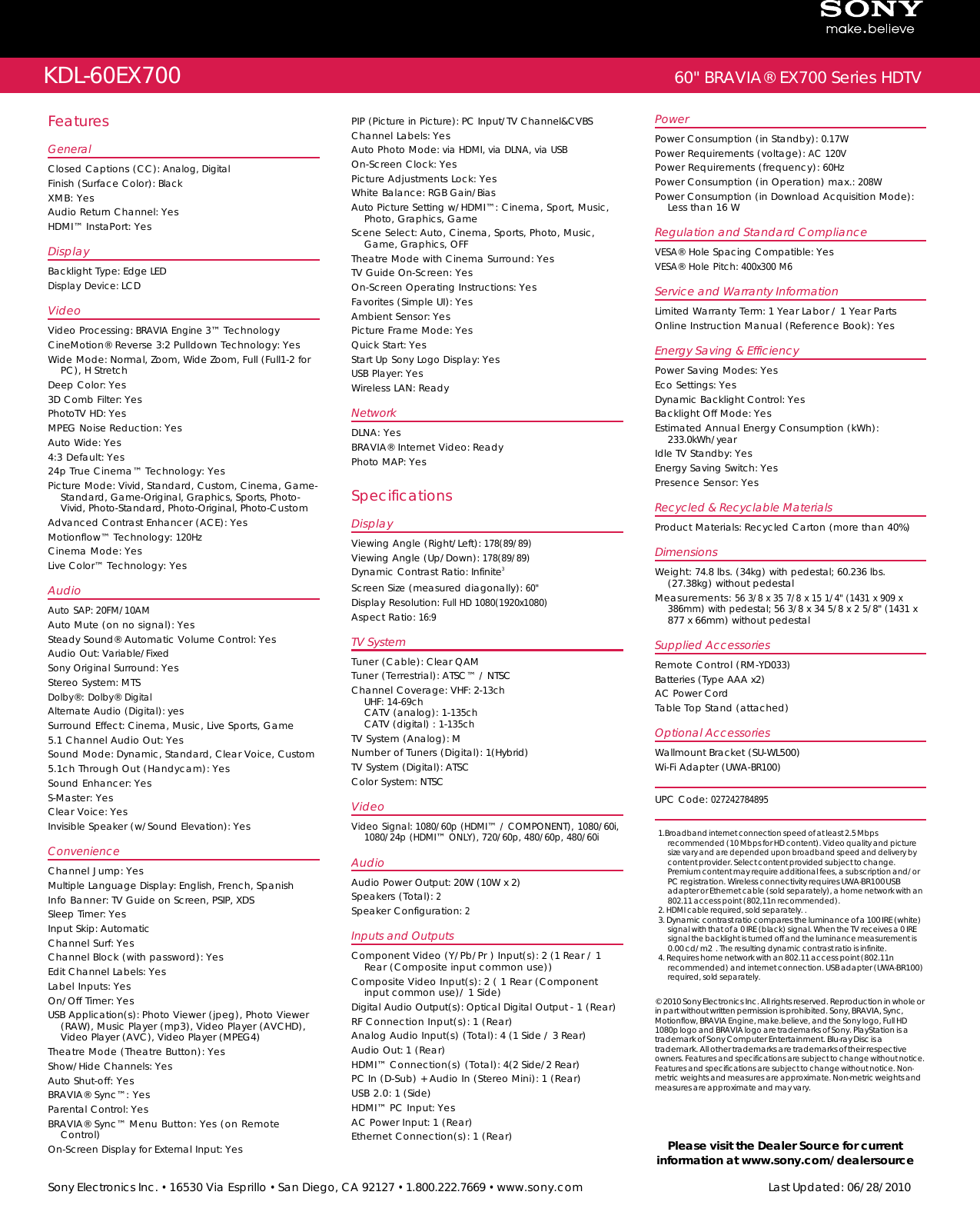 Page 2 of 2 - Sony KDL-60EX700 User Manual Marketing Specifications KDL60EX700 Mksp