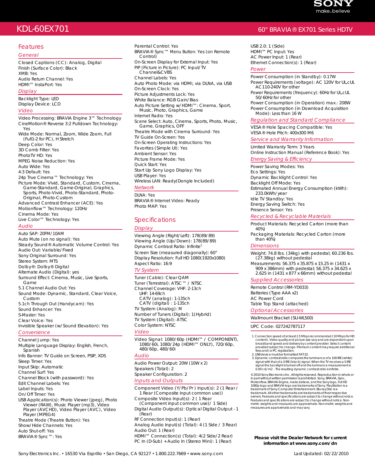 Page 2 of 2 - Sony KDL-60EX701 User Manual Marketing Specifications KDL60EX701 Mksp