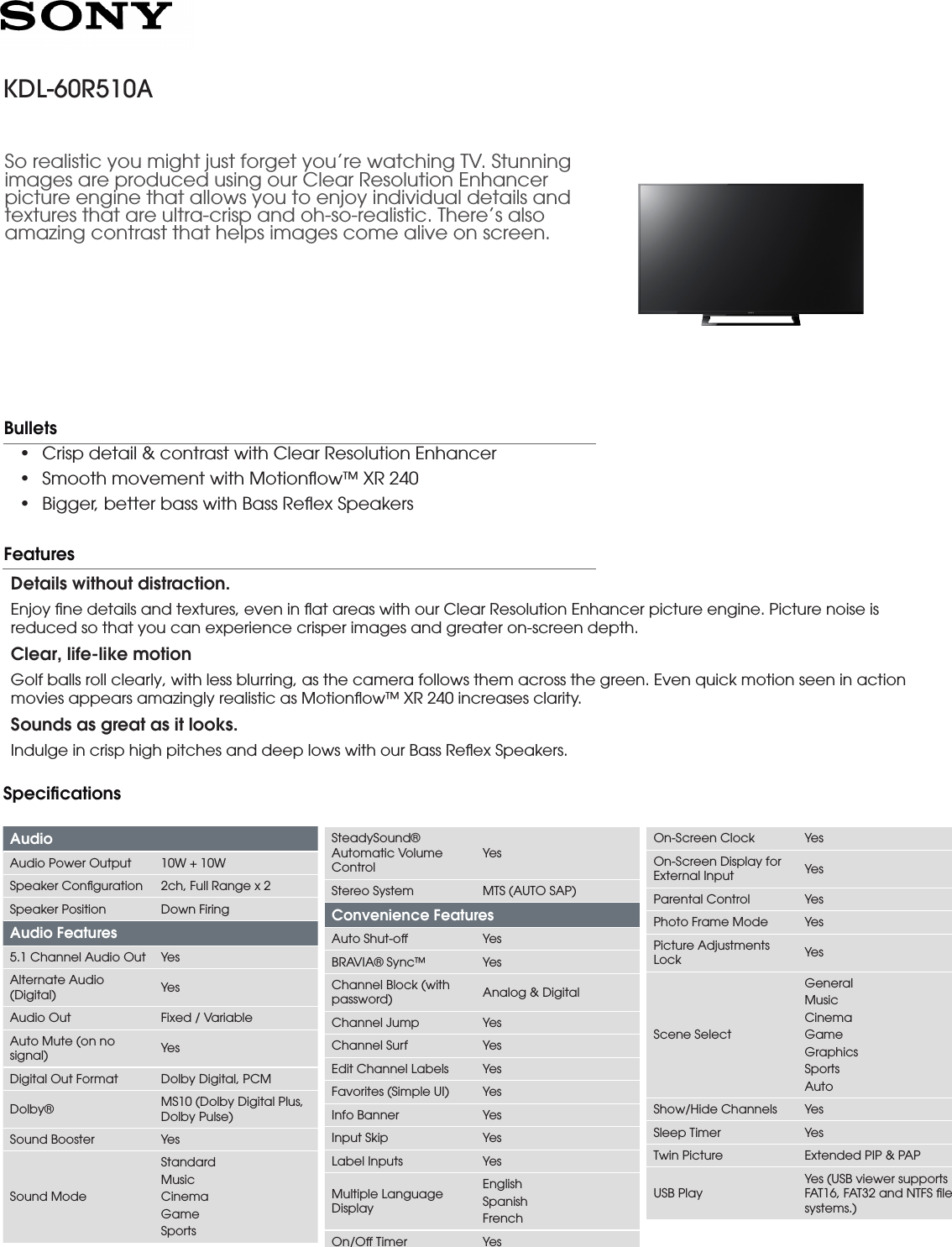 Page 1 of 3 - Sony KDL-60R510A User Manual Marketing Specifications Mksp