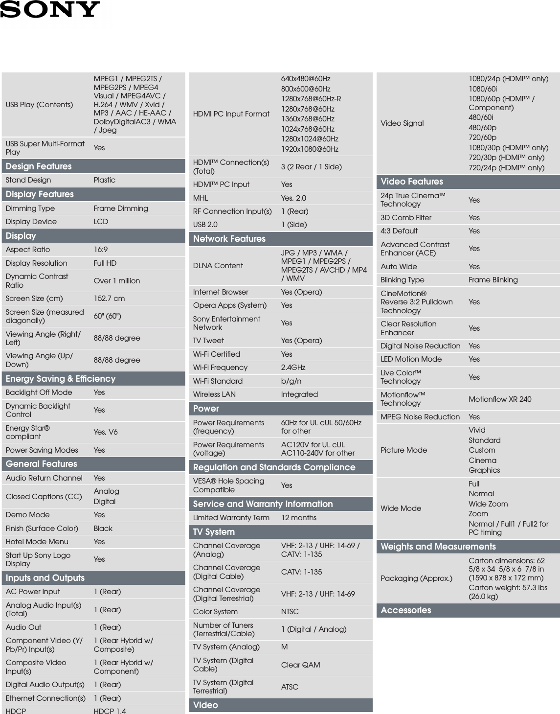 Page 2 of 3 - Sony KDL-60R510A User Manual Marketing Specifications Mksp