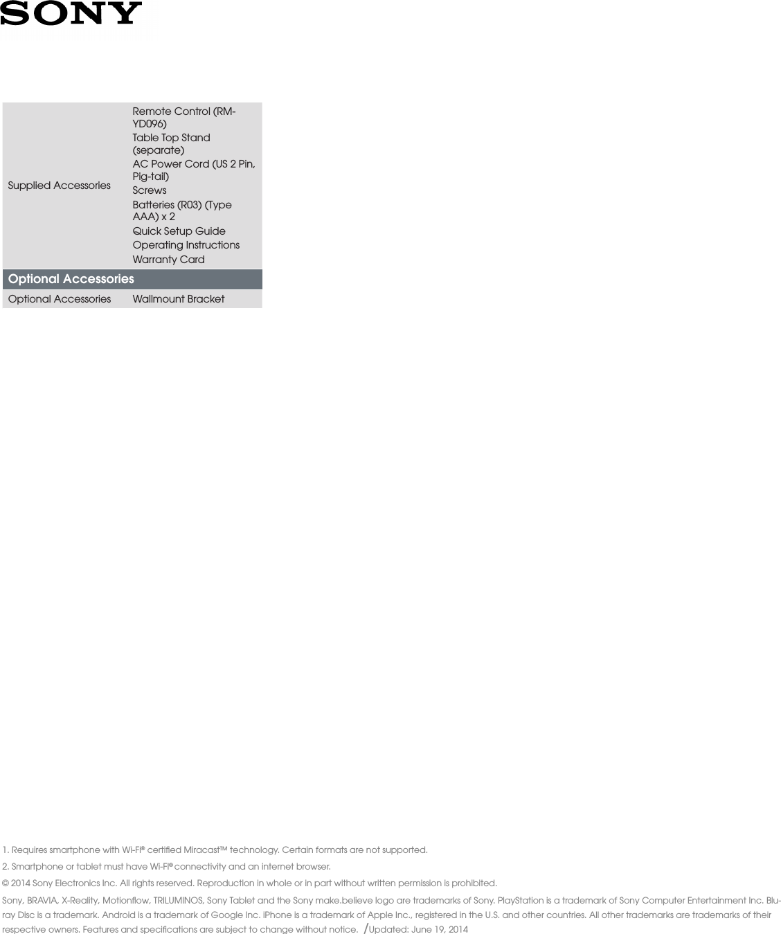 Page 3 of 3 - Sony KDL-60R510A User Manual Marketing Specifications Mksp