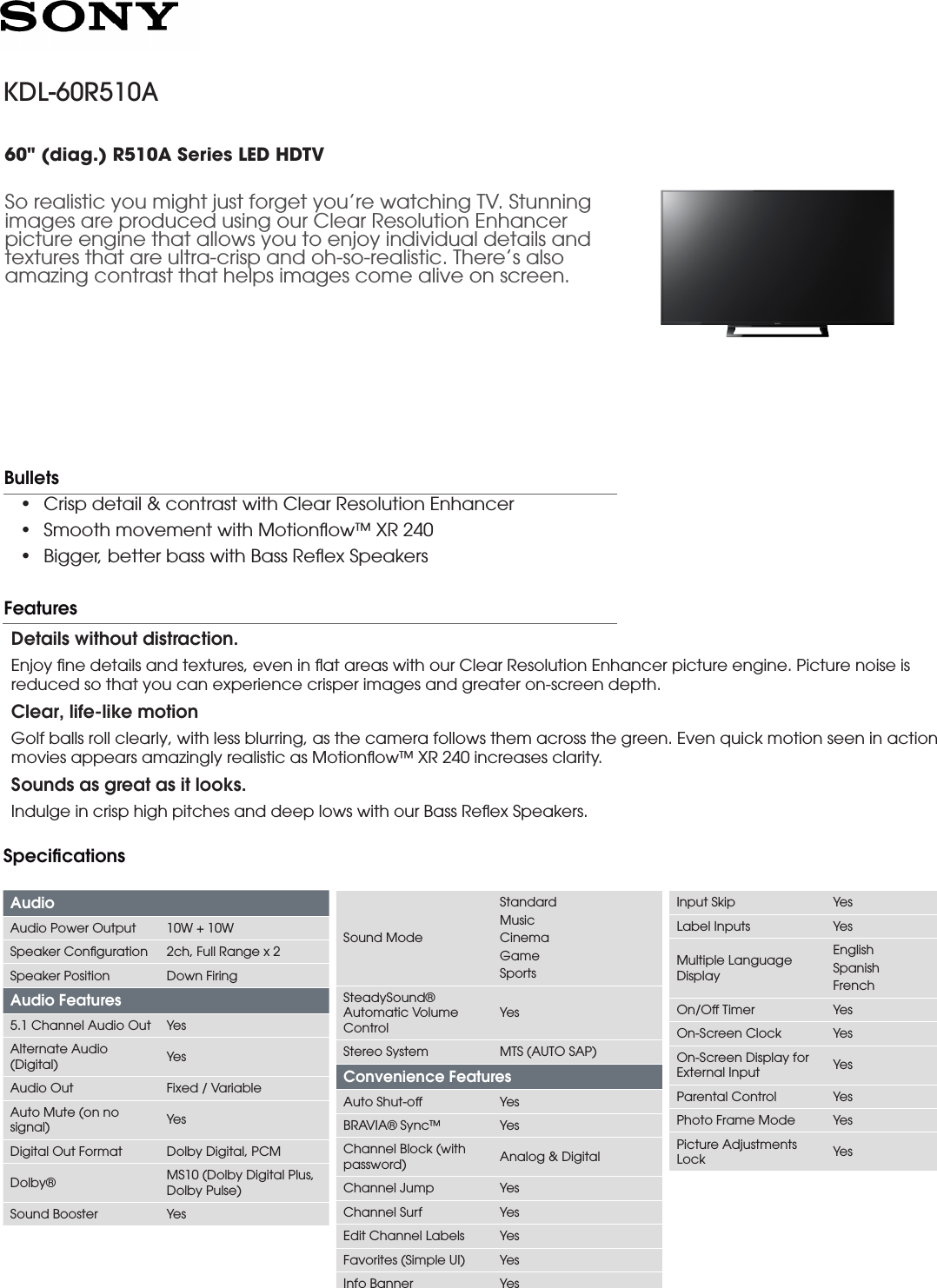 Page 1 of 3 - Sony KDL-60R510A User Manual Marketing Specifications(Black) Kdl60r510a Mksp