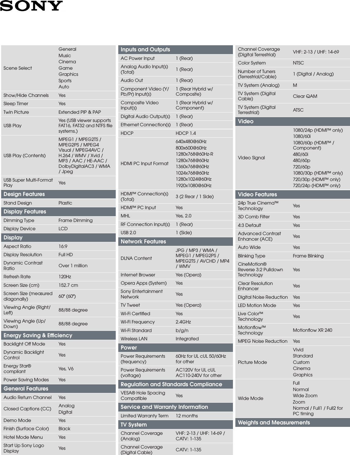 Page 2 of 3 - Sony KDL-60R510A User Manual Marketing Specifications(Black) Kdl60r510a Mksp