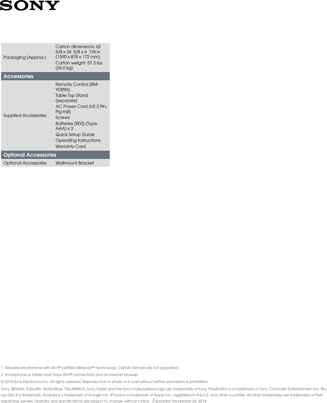 Page 3 of 3 - Sony KDL-60R510A User Manual Marketing Specifications(Black) Kdl60r510a Mksp