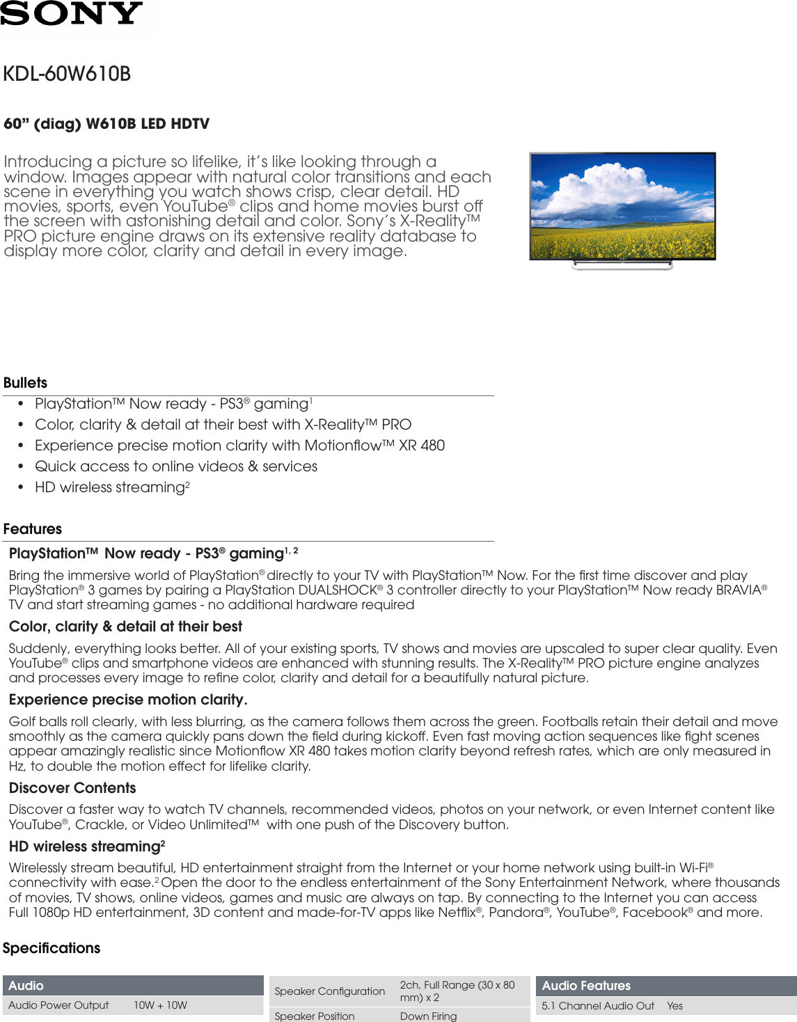 Page 1 of 4 - Sony KDL-60W610B User Manual Marketing Specifications Docget