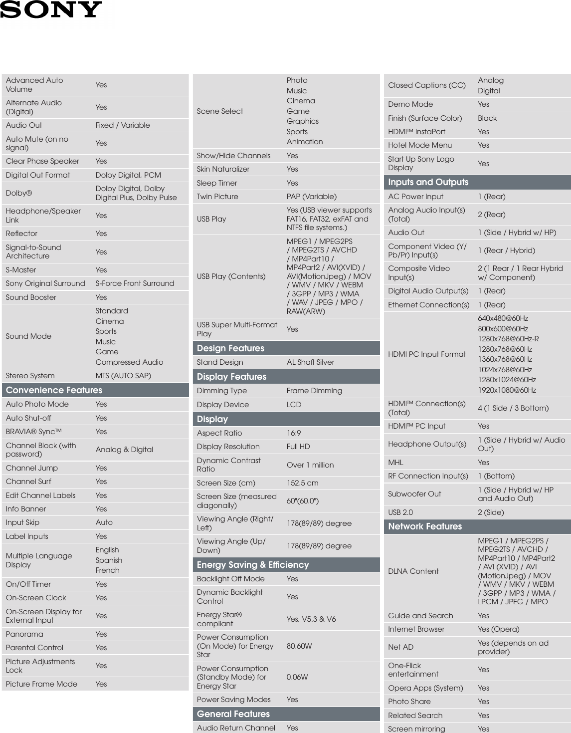 Page 2 of 4 - Sony KDL-60W610B User Manual Marketing Specifications Docget