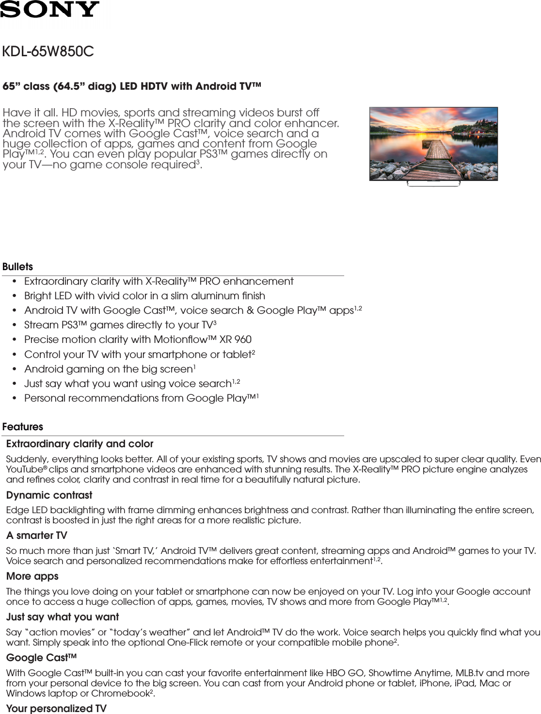 Page 1 of 4 - Sony KDL-65W850C User Manual Marketing Specifications KDL65W850C Mksp