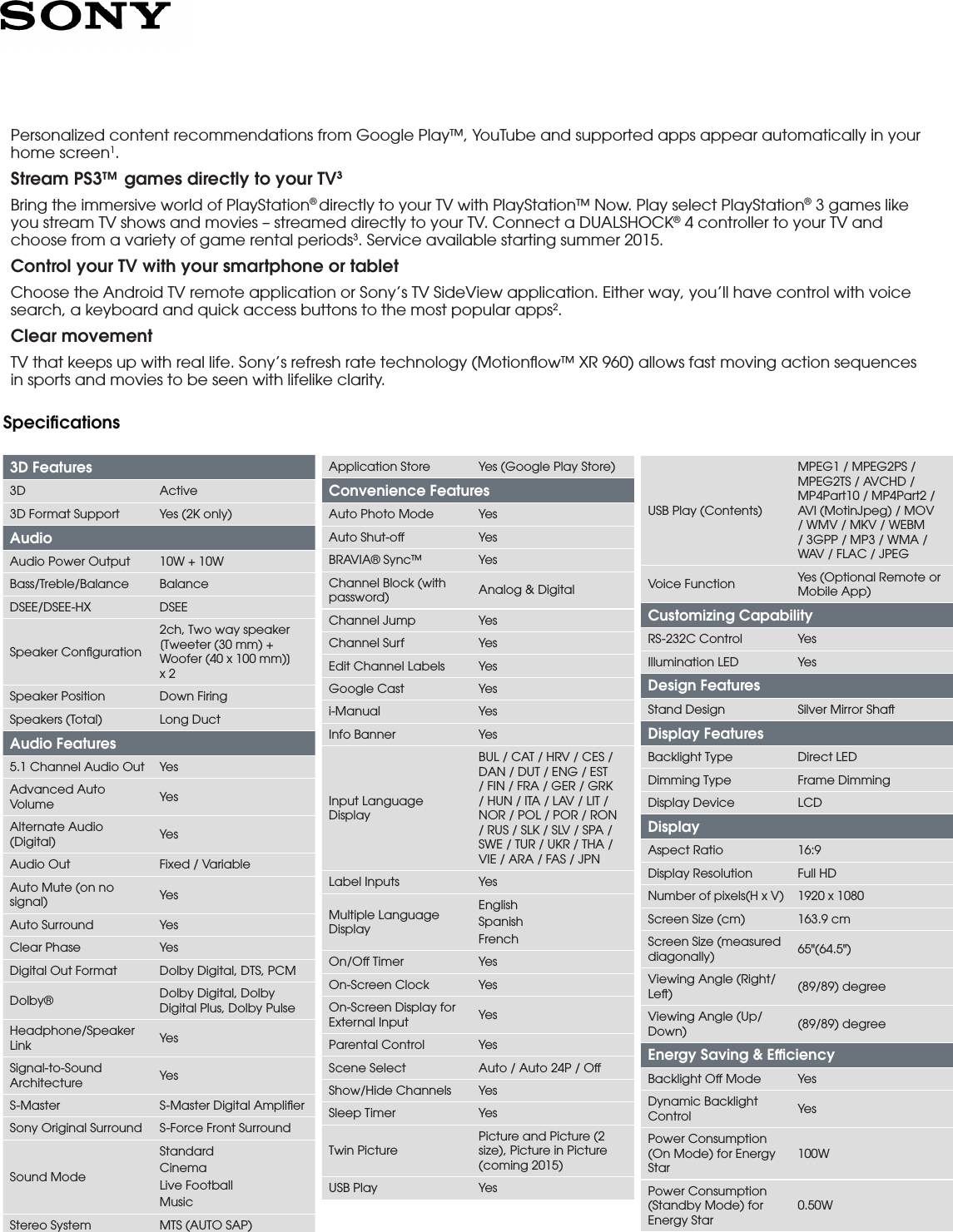 Page 2 of 4 - Sony KDL-65W850C User Manual Marketing Specifications KDL65W850C Mksp