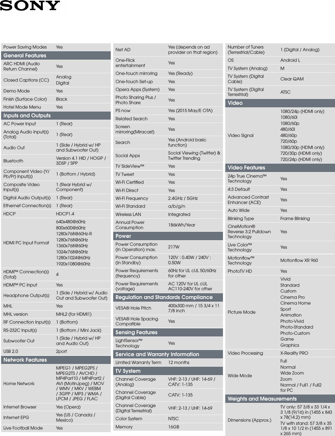 Page 3 of 4 - Sony KDL-65W850C User Manual Marketing Specifications KDL65W850C Mksp