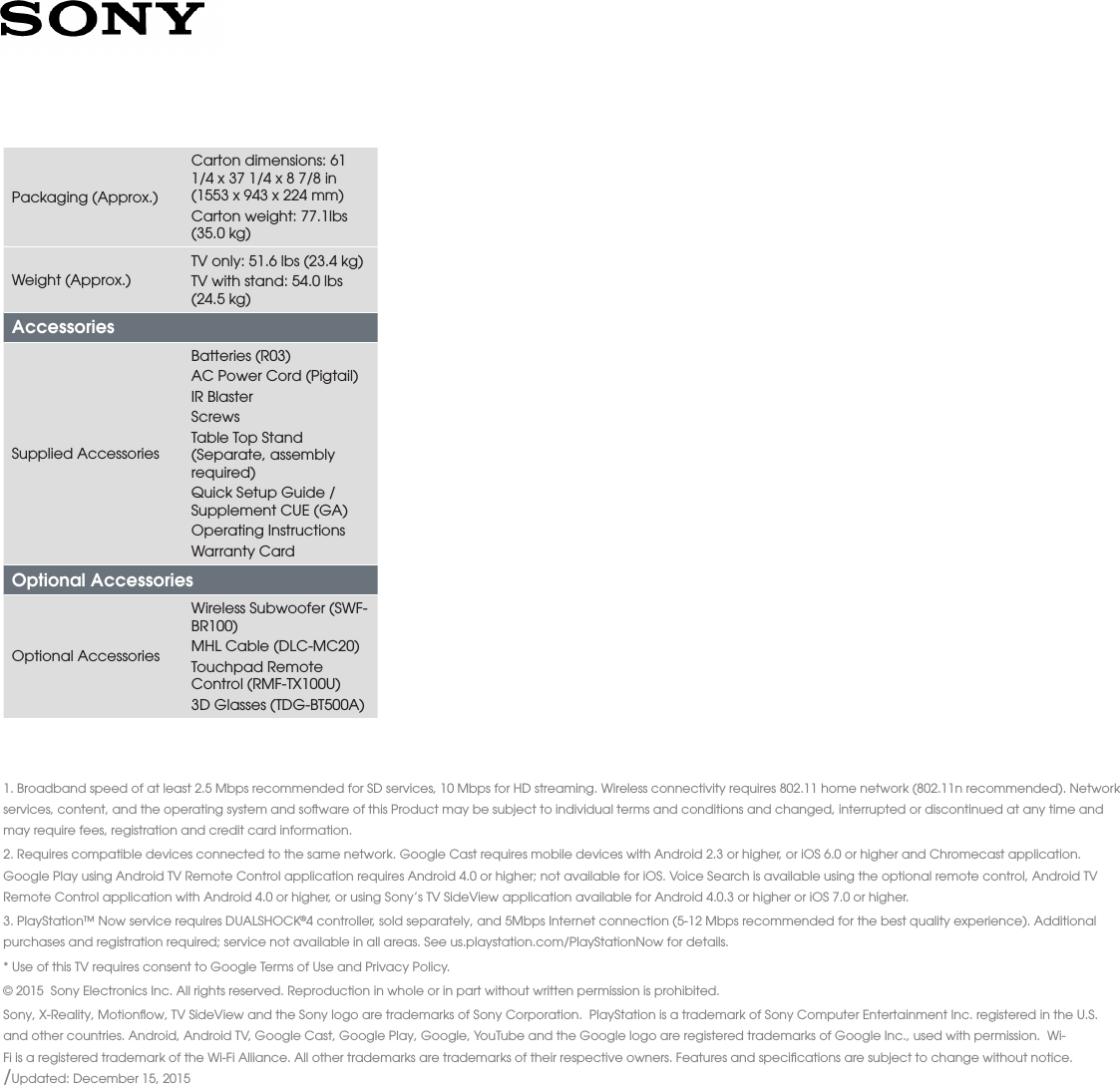 Page 4 of 4 - Sony KDL-65W850C User Manual Marketing Specifications KDL65W850C Mksp