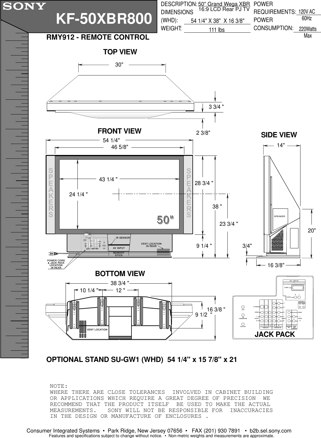 Page 1 of 1 - Sony KF-50XBR800 User Manual Dimensions Diagram (Television) KF50XBR800 Cutsheet