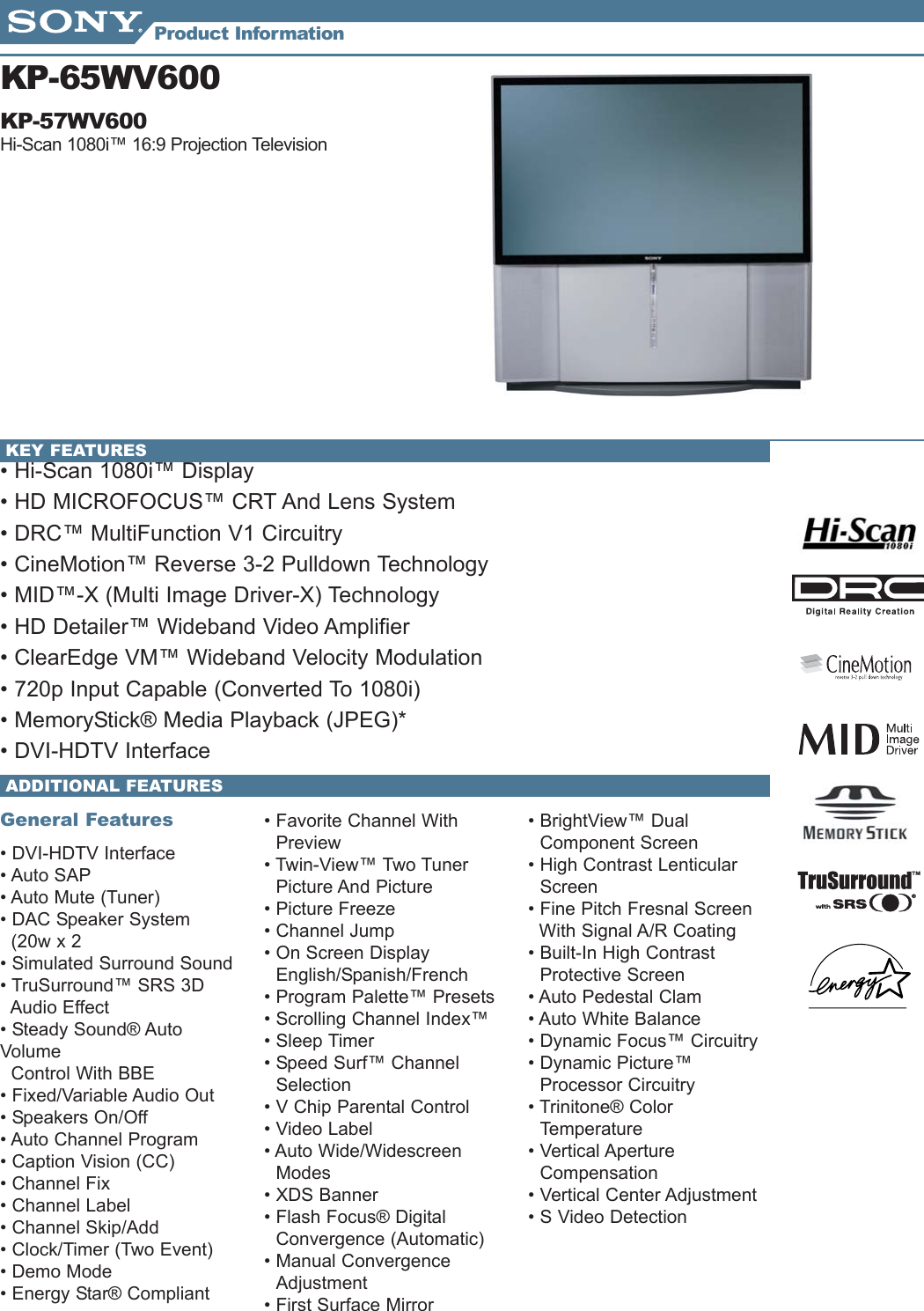 Page 1 of 2 - Sony KP-57WV600 Pjtv_Info_Sheets_1 User Manual Marketing Specifications KP57WV600 Sp