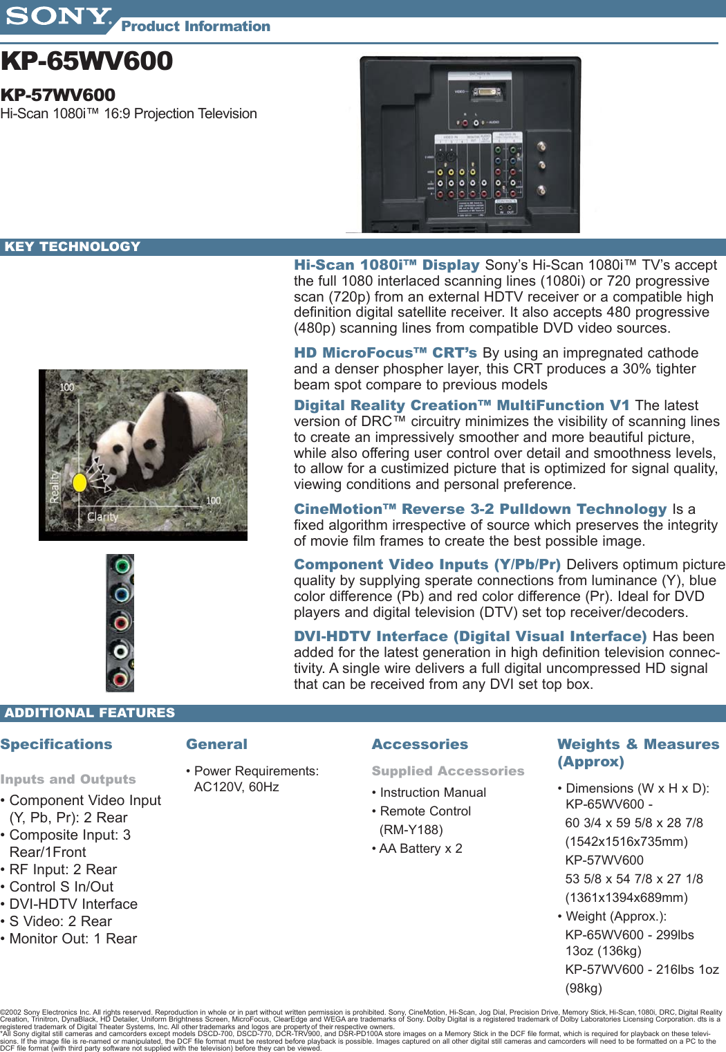 Page 2 of 2 - Sony KP-57WV600 Pjtv_Info_Sheets_1 User Manual Marketing Specifications KP57WV600 Sp